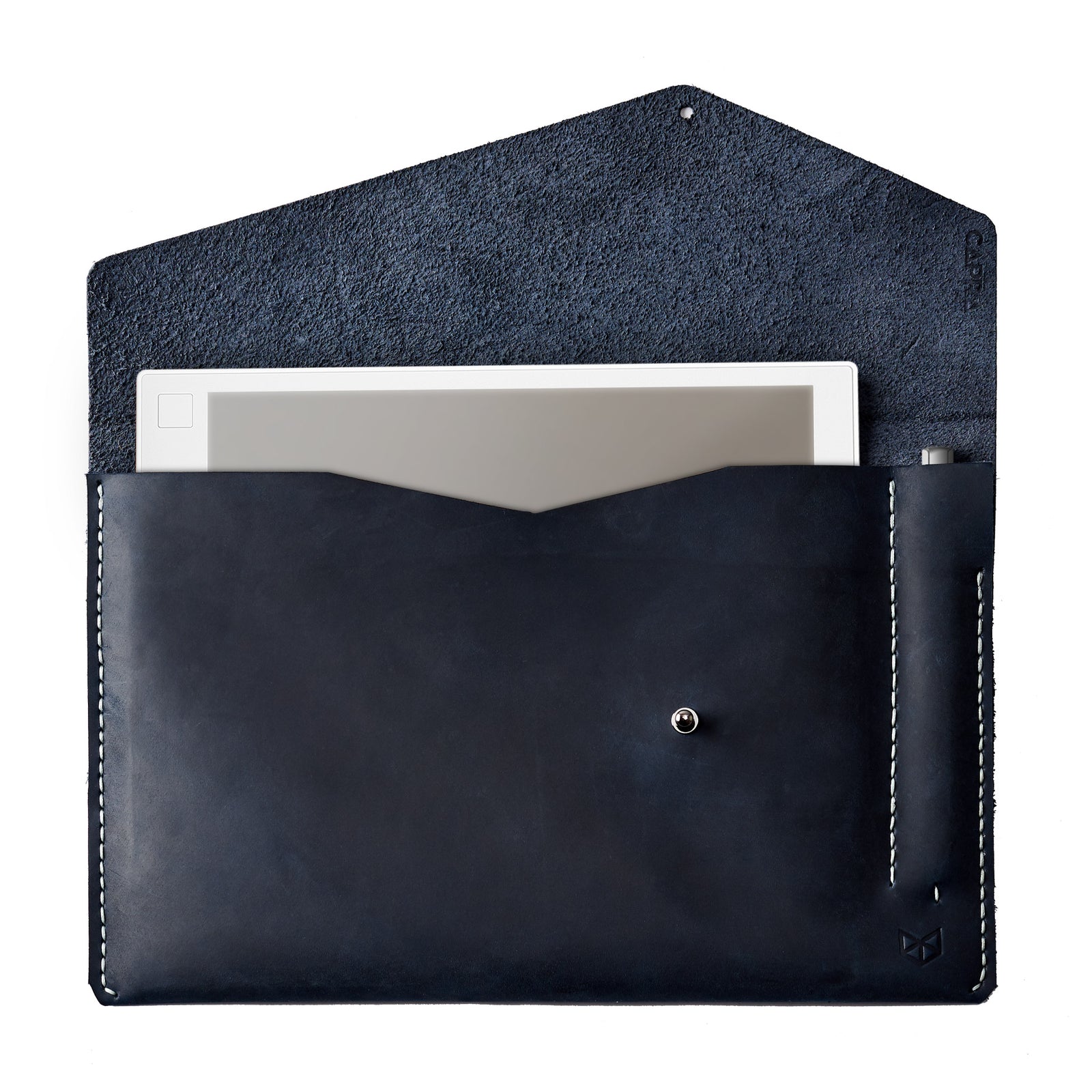 Cover. Blue handcrafted leather reMarkable tablet case. Folio with Marker holder. Paper E-ink tablet minimalist sleeve design. 