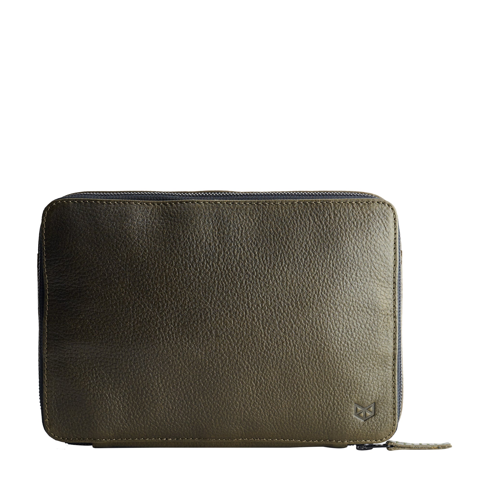 Green leather EDC bag essentials by Capra. Fits iPad Pro with Apple pencil.