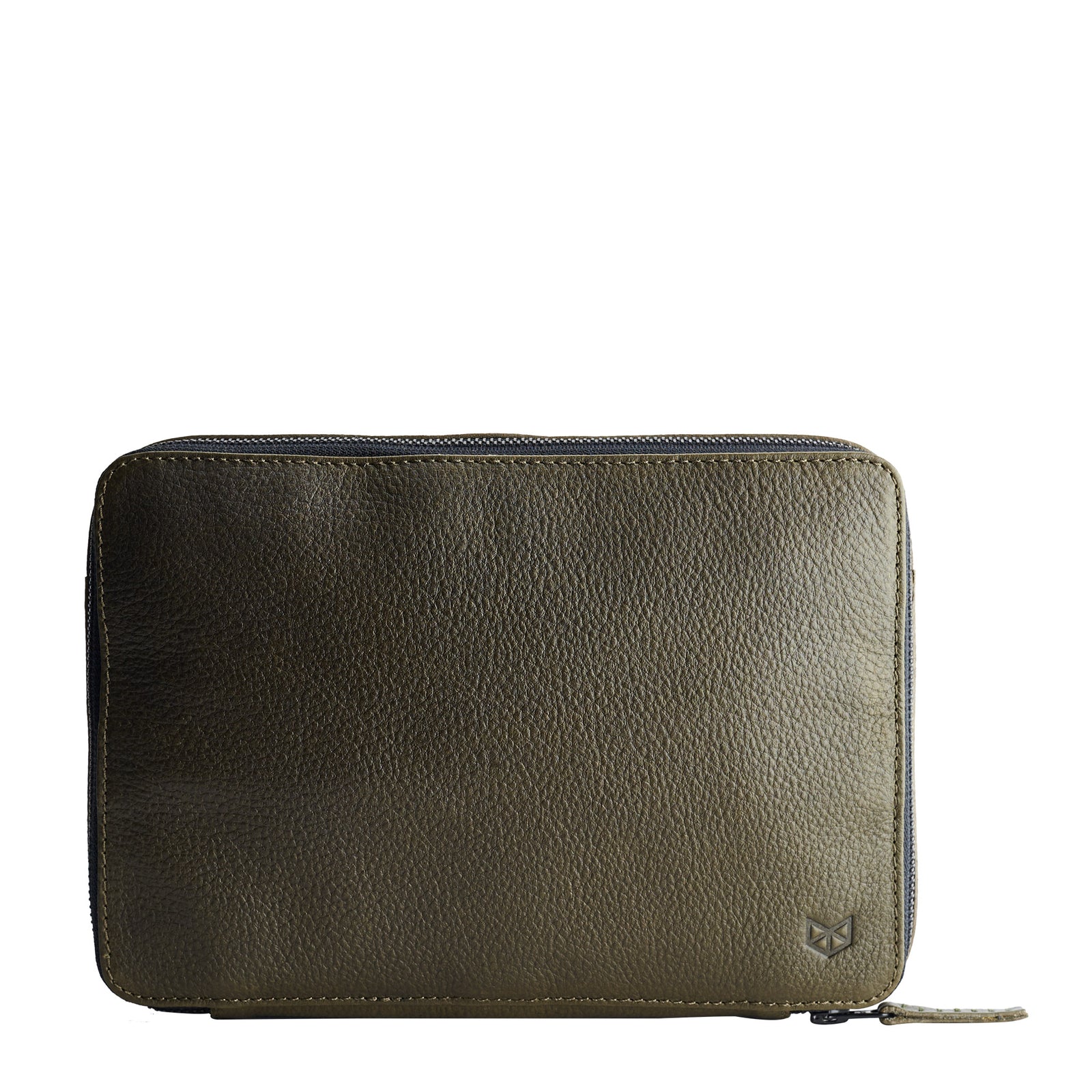 Green leather gadget bag, tech dopp kit, electronic organizer. Fits iPad Pro with Apple pencil.