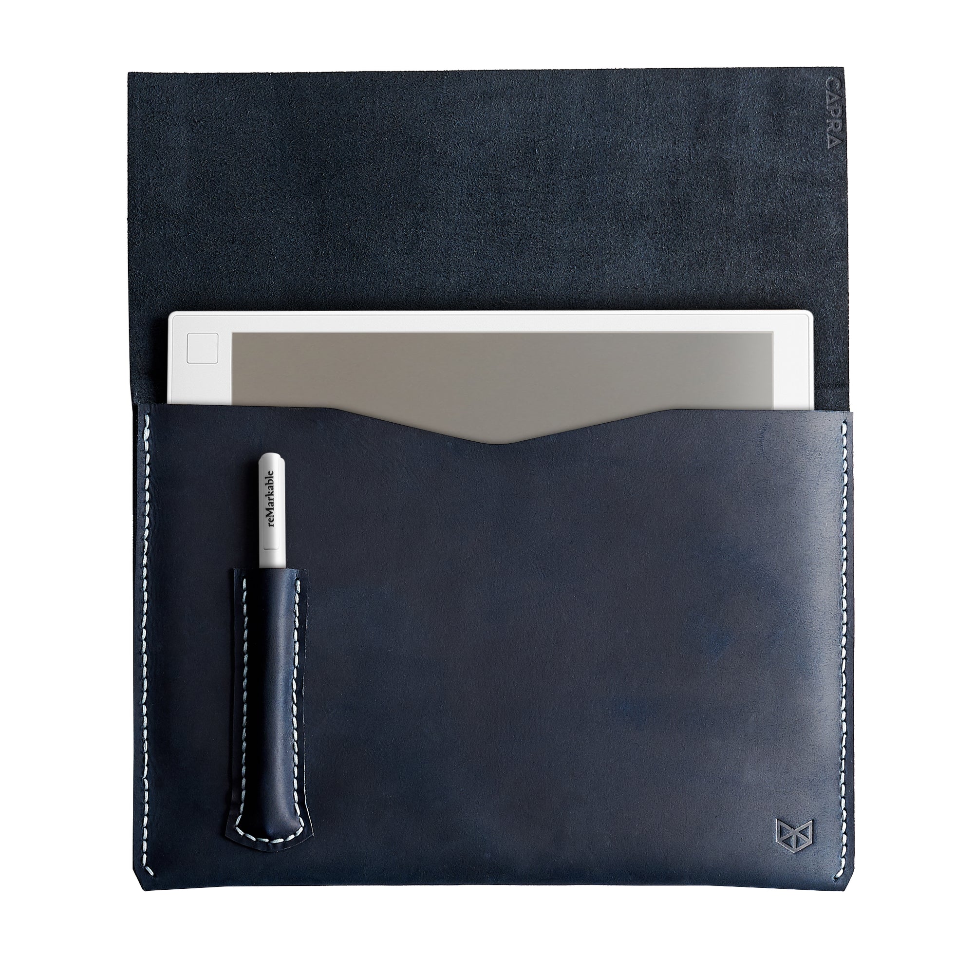 Cover. Blue handcrafted leather reMarkable tablet case. Folio with Marker holder. Paper E-ink tablet minimalist sleeve design. 