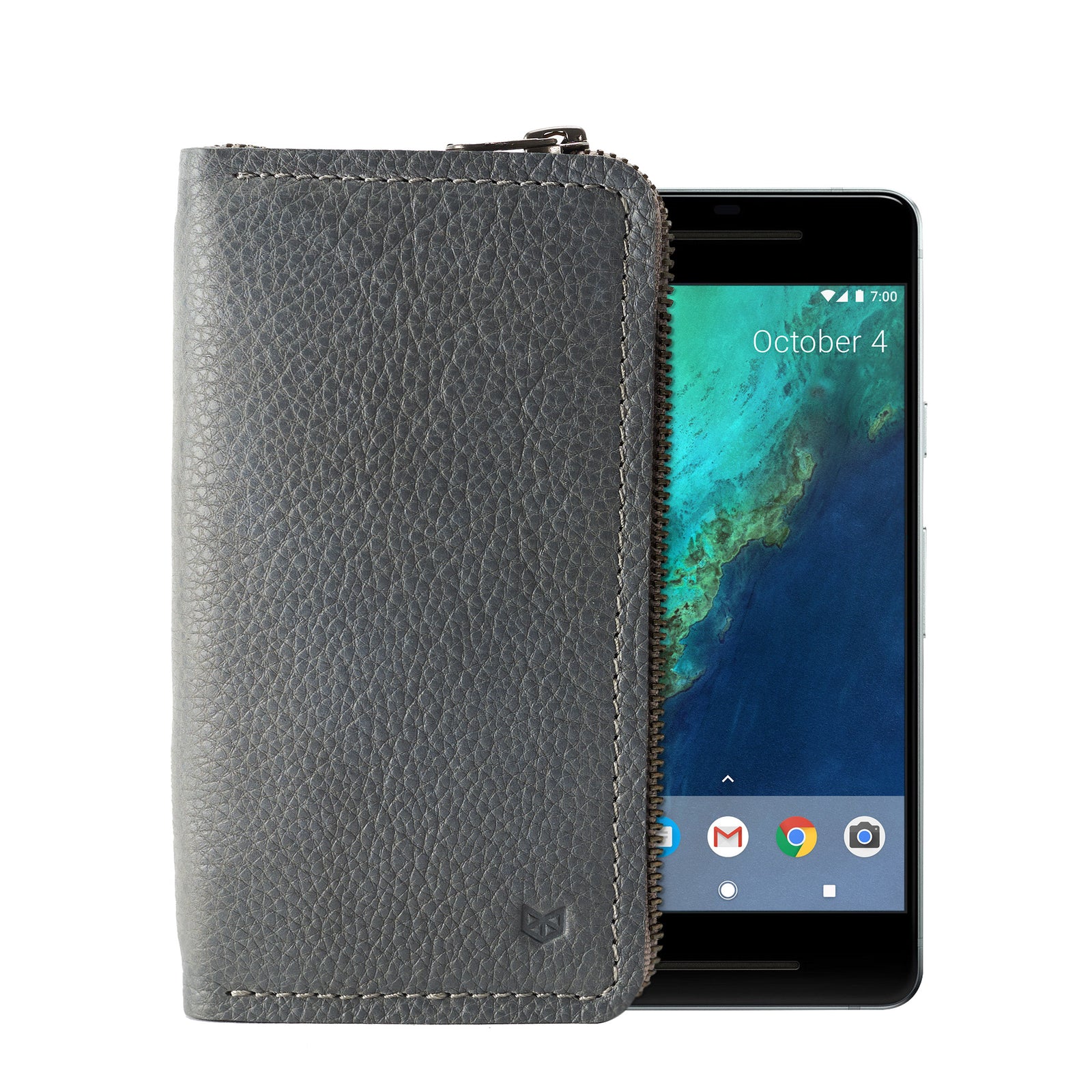 Grey Carefully handcrafted leather case stand wallet for new Google Pixel 2 and 2 XL. Men's Pixel sleeve with card holder