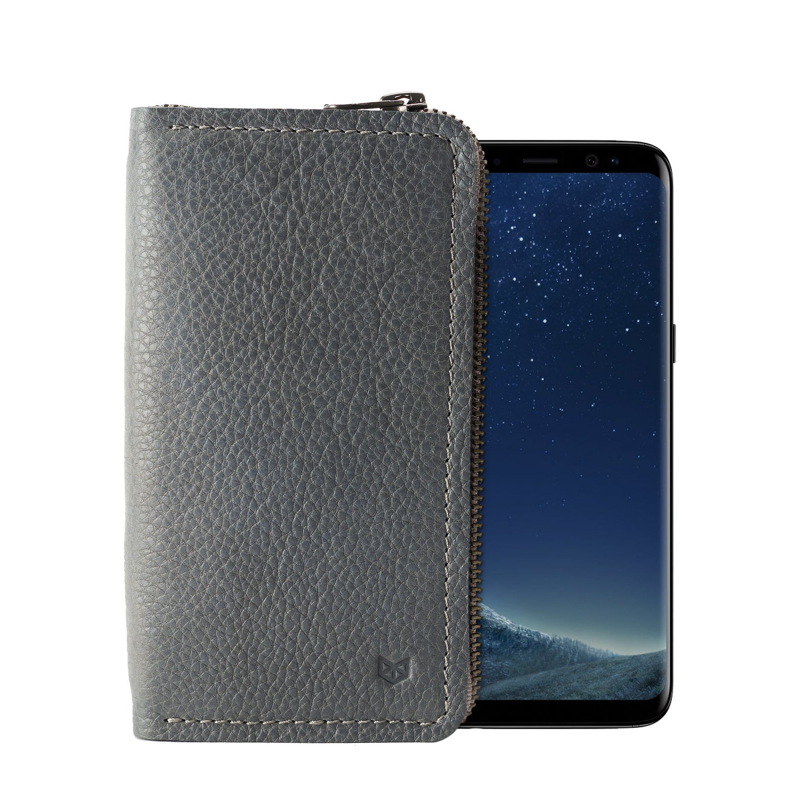 Cover. Grey handcrafted leather stand case for the Samsung Galaxy S8 and S8 Plus. Samsung sleeve wallet with card holder