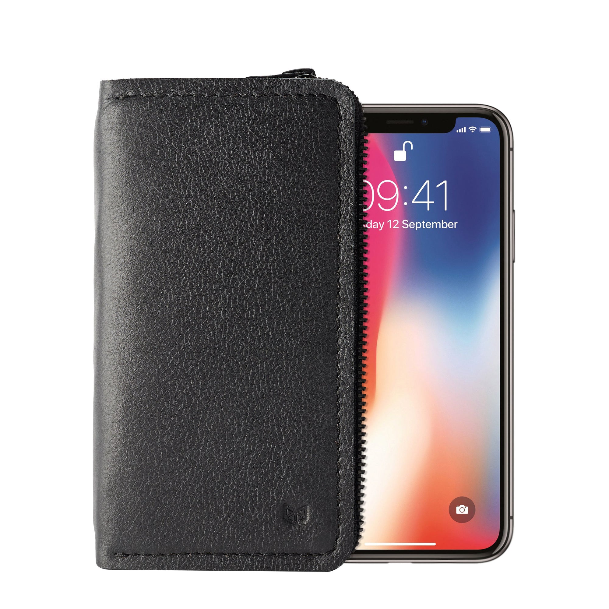 Black iPhone leather wallet stand case for mens gifts. iPhone x, iPhone 10, iPhone 8 plus leather stand sleeve