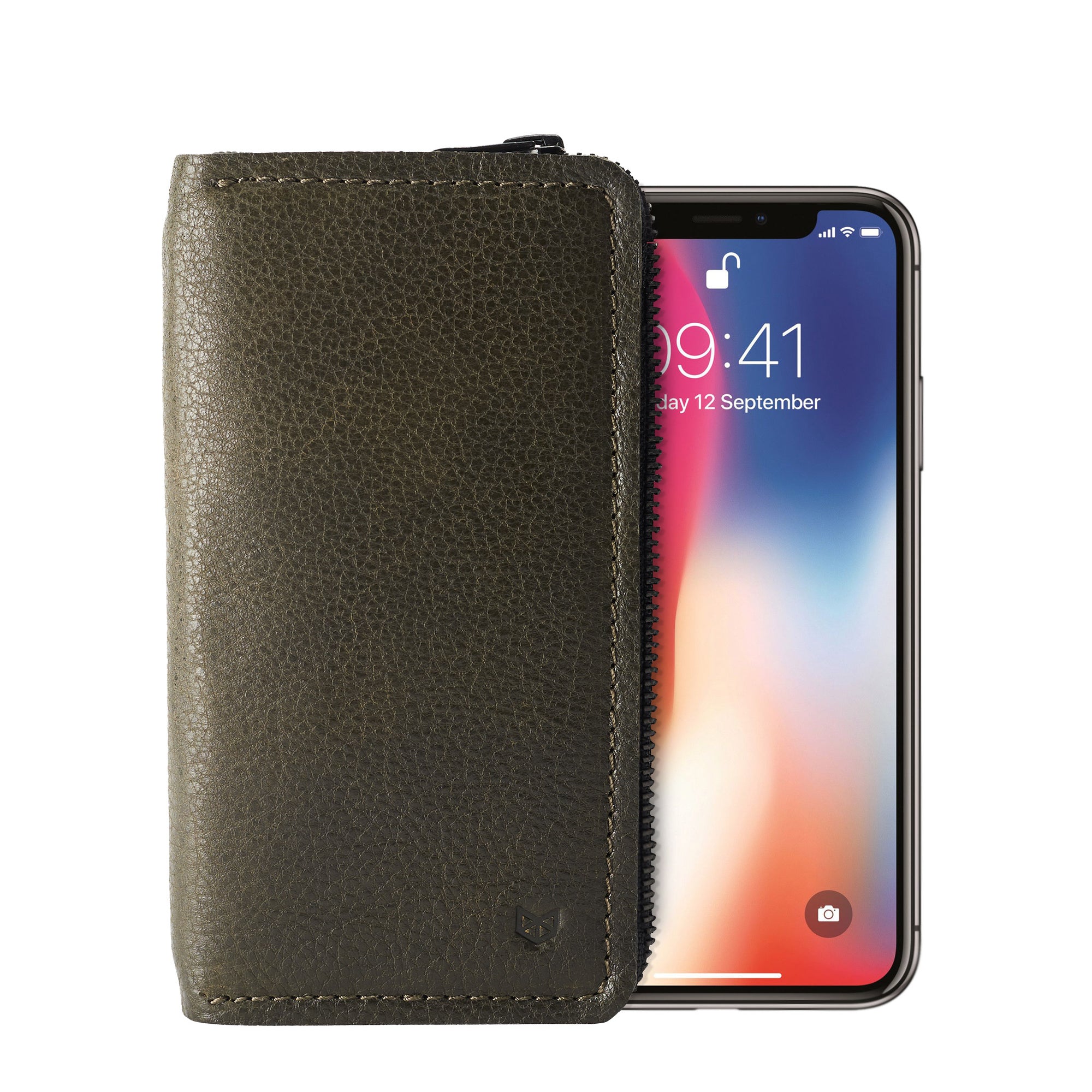 Green iPhone leather wallet stand case for mens gifts. iPhone x, iPhone 10, iPhone 8 plus leather stand sleeve