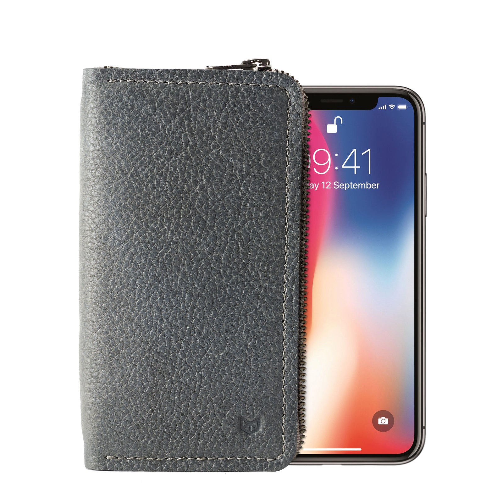 Grey iPhone leather wallet stand case for mens gifts. iPhone x, iPhone 10, iPhone 8 plus leather stand sleeve