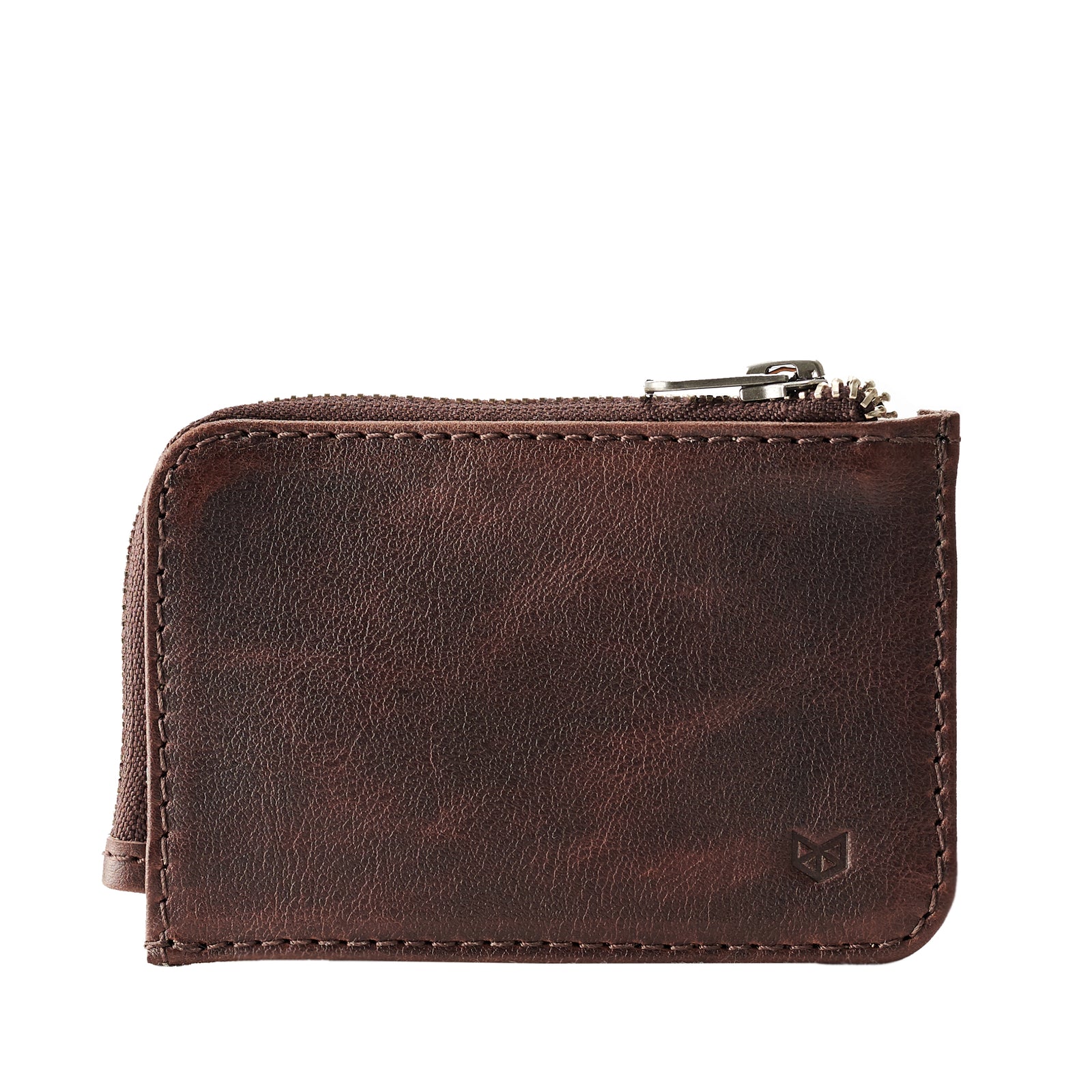 Cover. Minimalist dark brown zipper card holder. Men's bills and coins wallet. Slim designer credit cards holder
