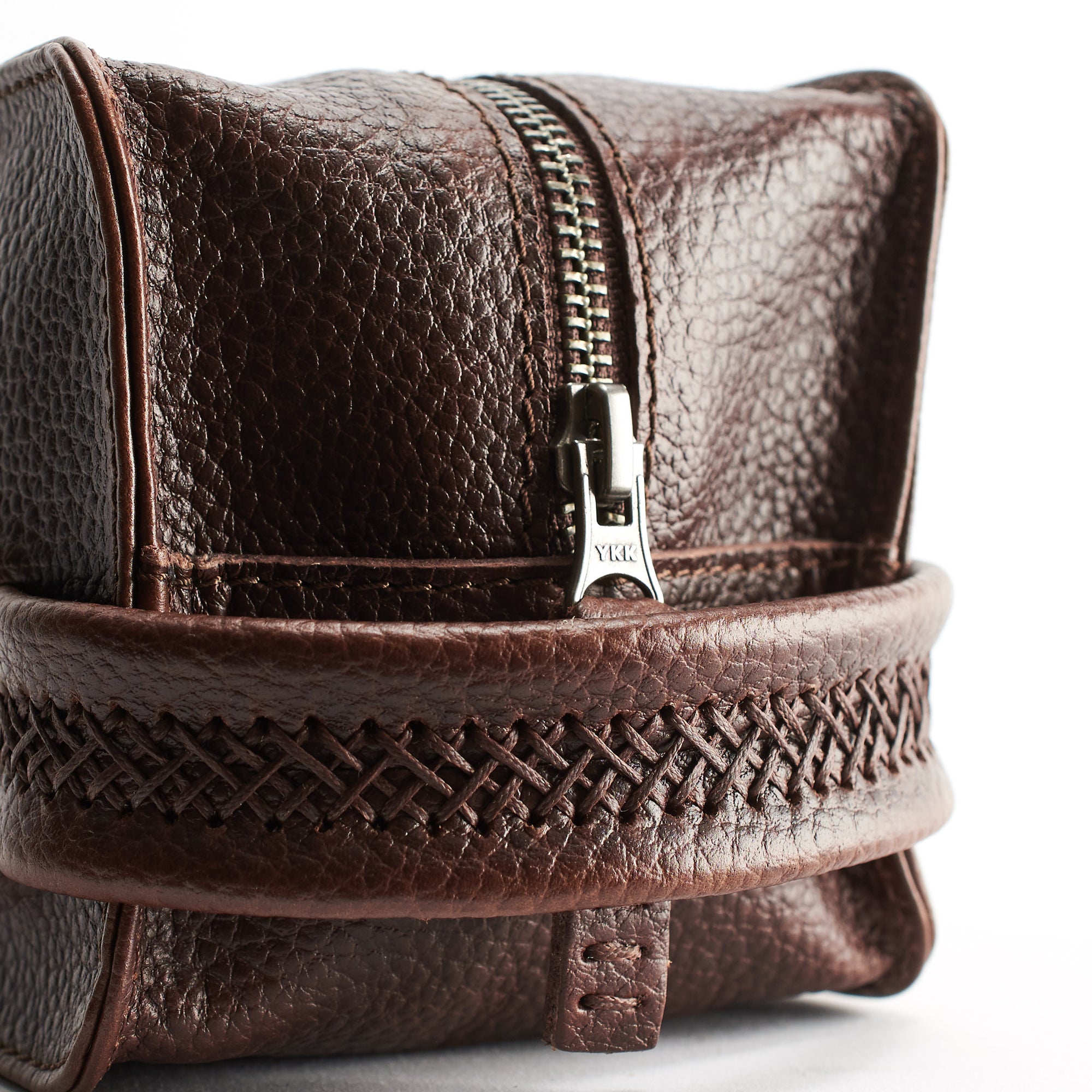 Hans stitch. Dark Brown leather toiletry, shaving bag with hand stitched handle. Groomsmen gifts