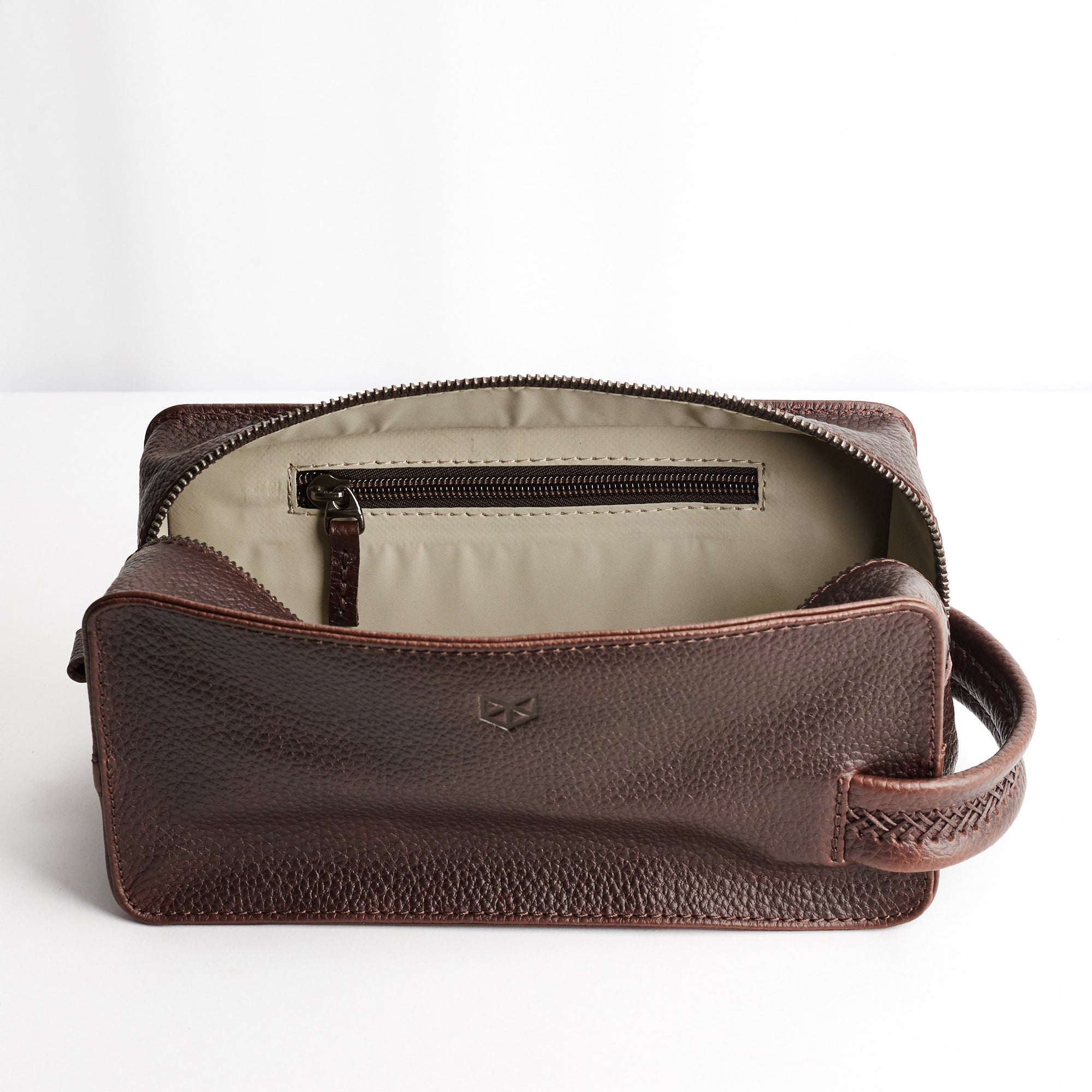 Interior Pocket. Dark Brown leather toiletry, shaving bag with hand stitched handle. Groomsmen gifts
