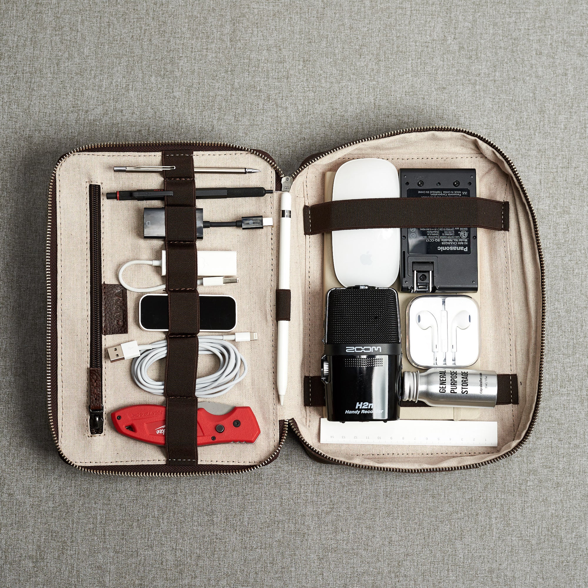 Travel essentials. Dark Brown leather gadget organizer tech bag by Capra Leather