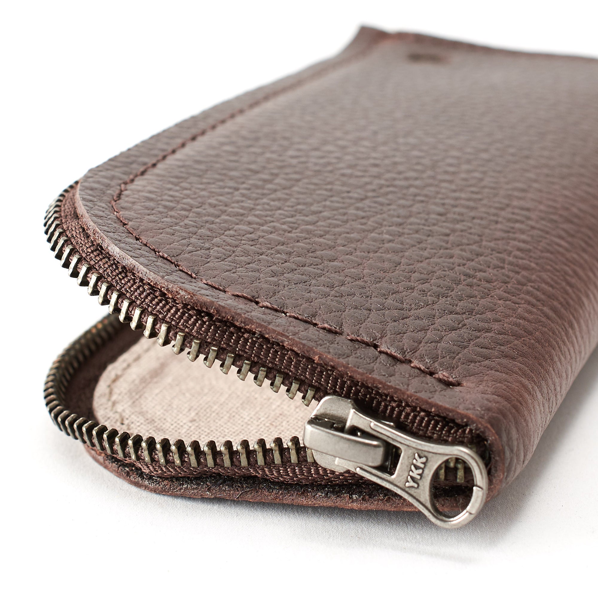 YKK metallic zippers. Dark brown leather Glasses case, sunglasses case, hand stitched leather sleeve for reading glasses