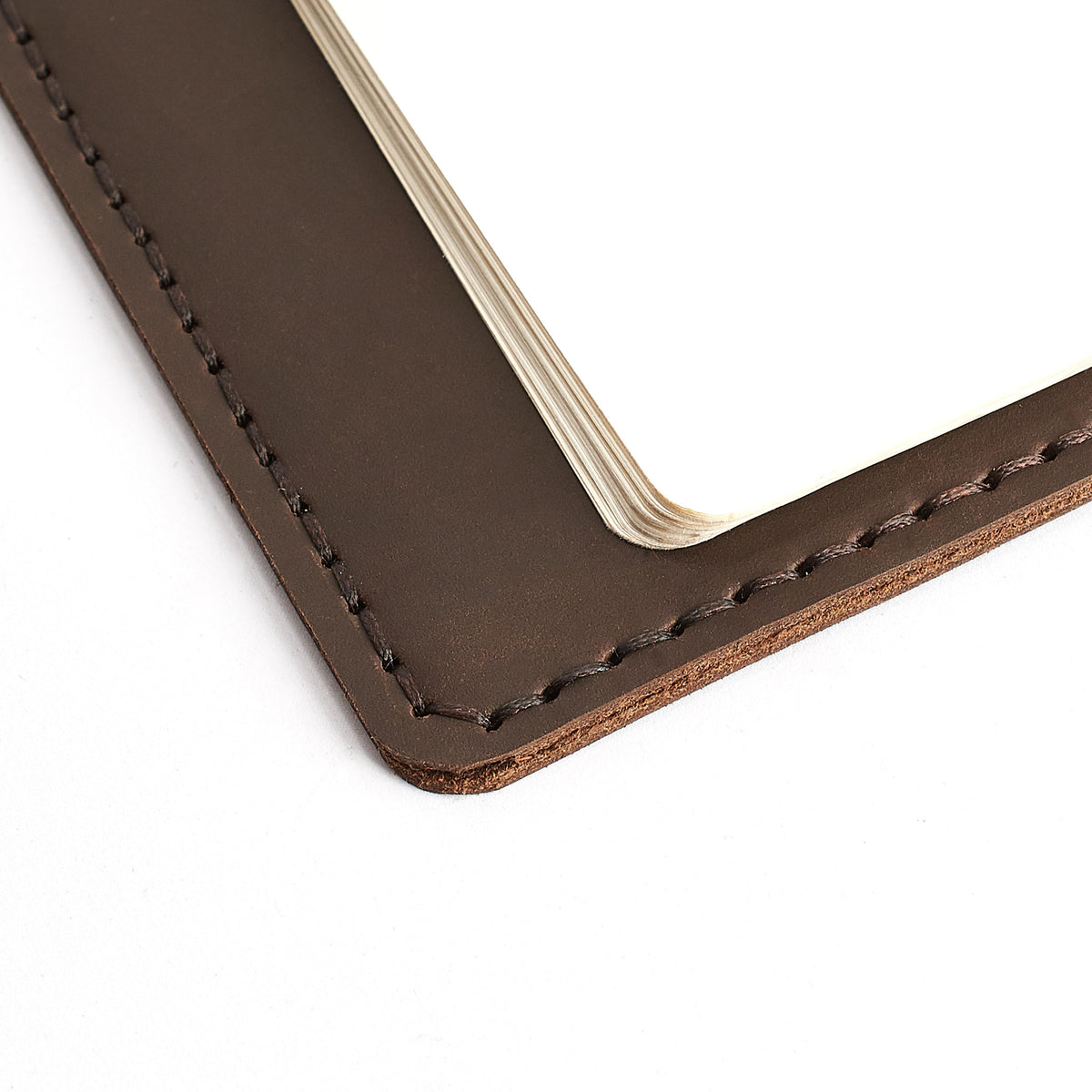 Stitch close up.  Entirely hand stitched Moleskine Large and Pocket leather cover. Traveler's journal case. Customize your notebook with our handmade case. 