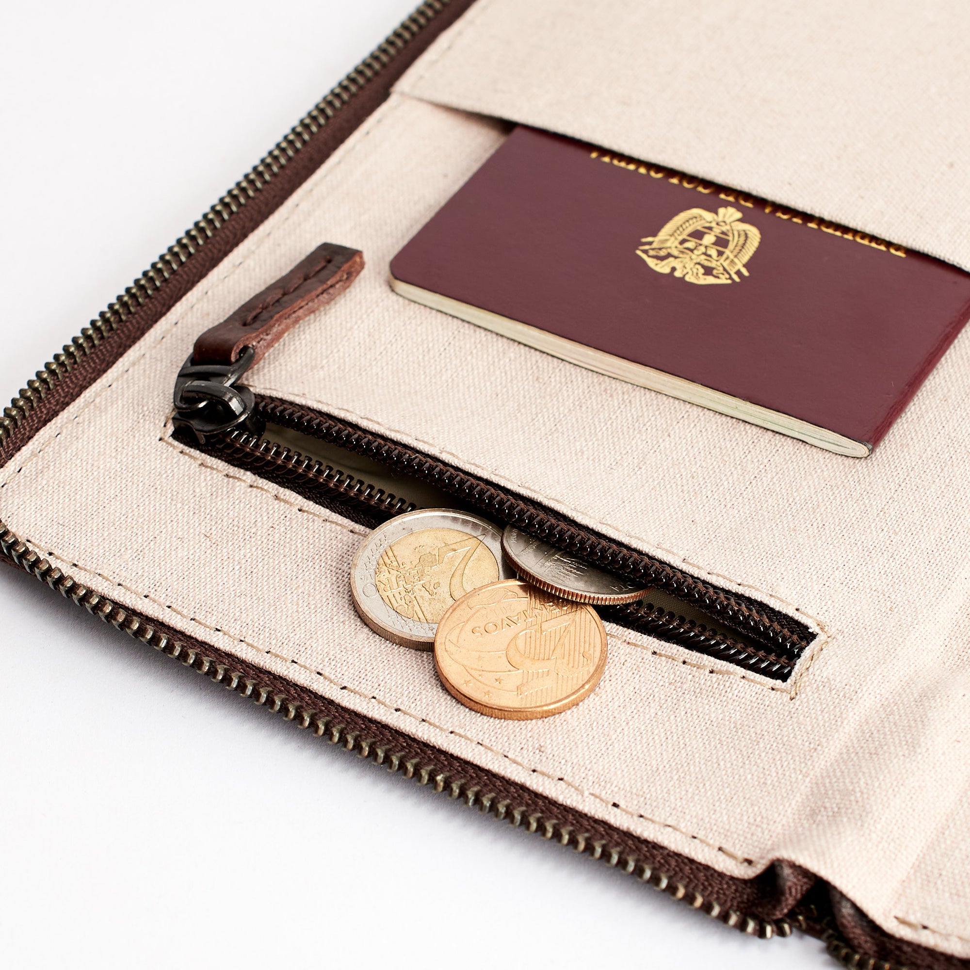 Coins pocket. Dark brown Passport Holder for travelers, document organizer, travel journal by Capra Leather
