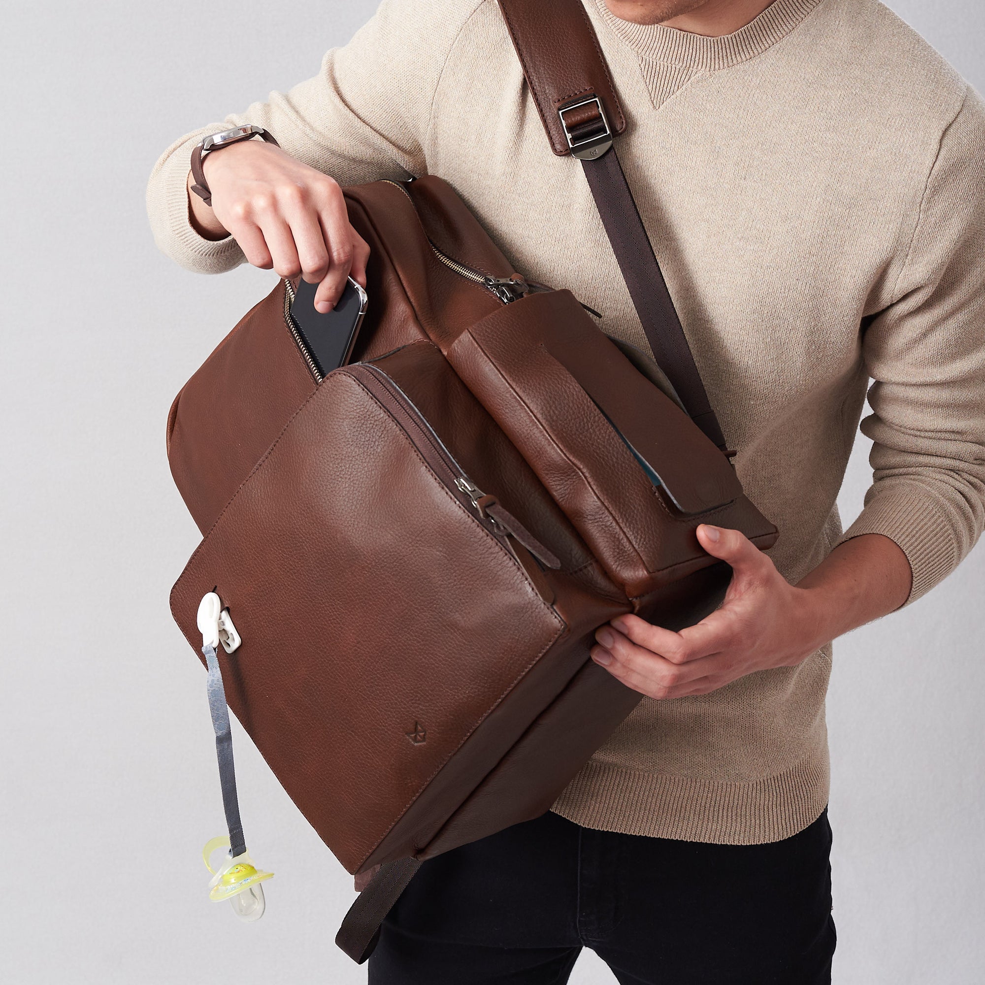 brown leather backpack diaper bag by capra