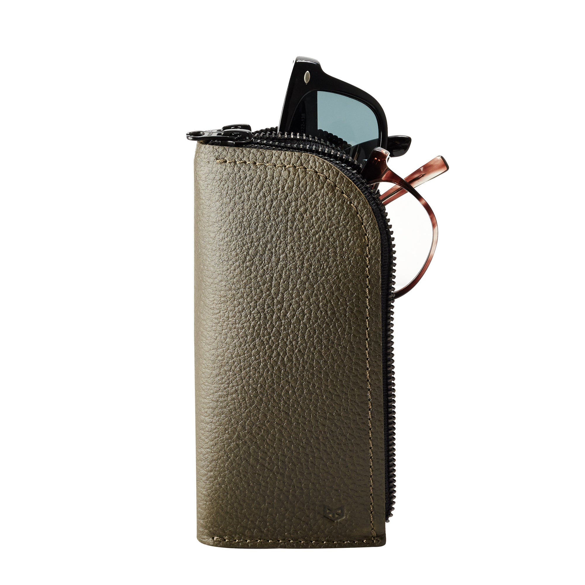 Handmade green leather glasses case with double compartment for sunglasses and reading glasses