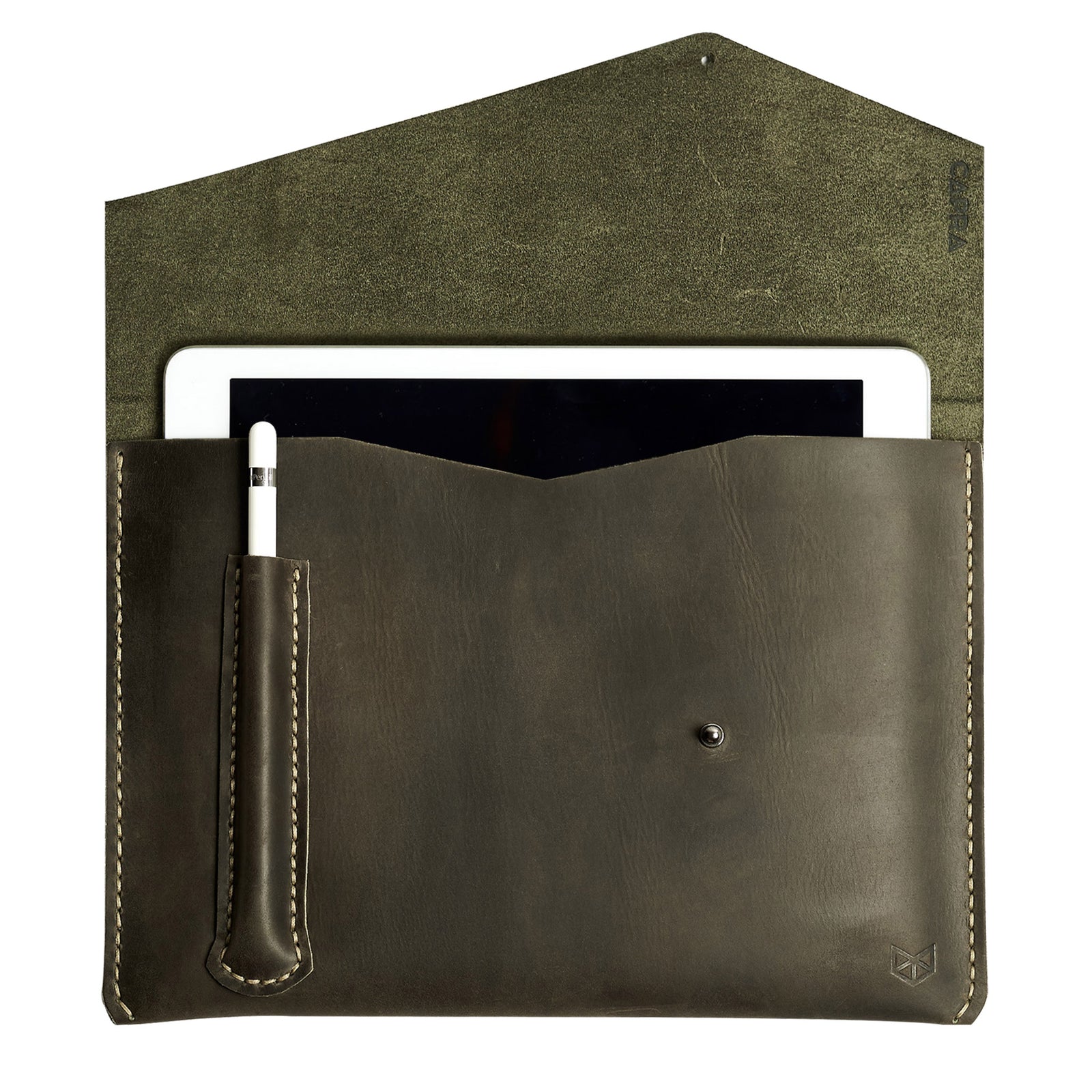 iPad Sleeve. iPad Leather Case Green With Apple Pencil Holder by Capra Leather