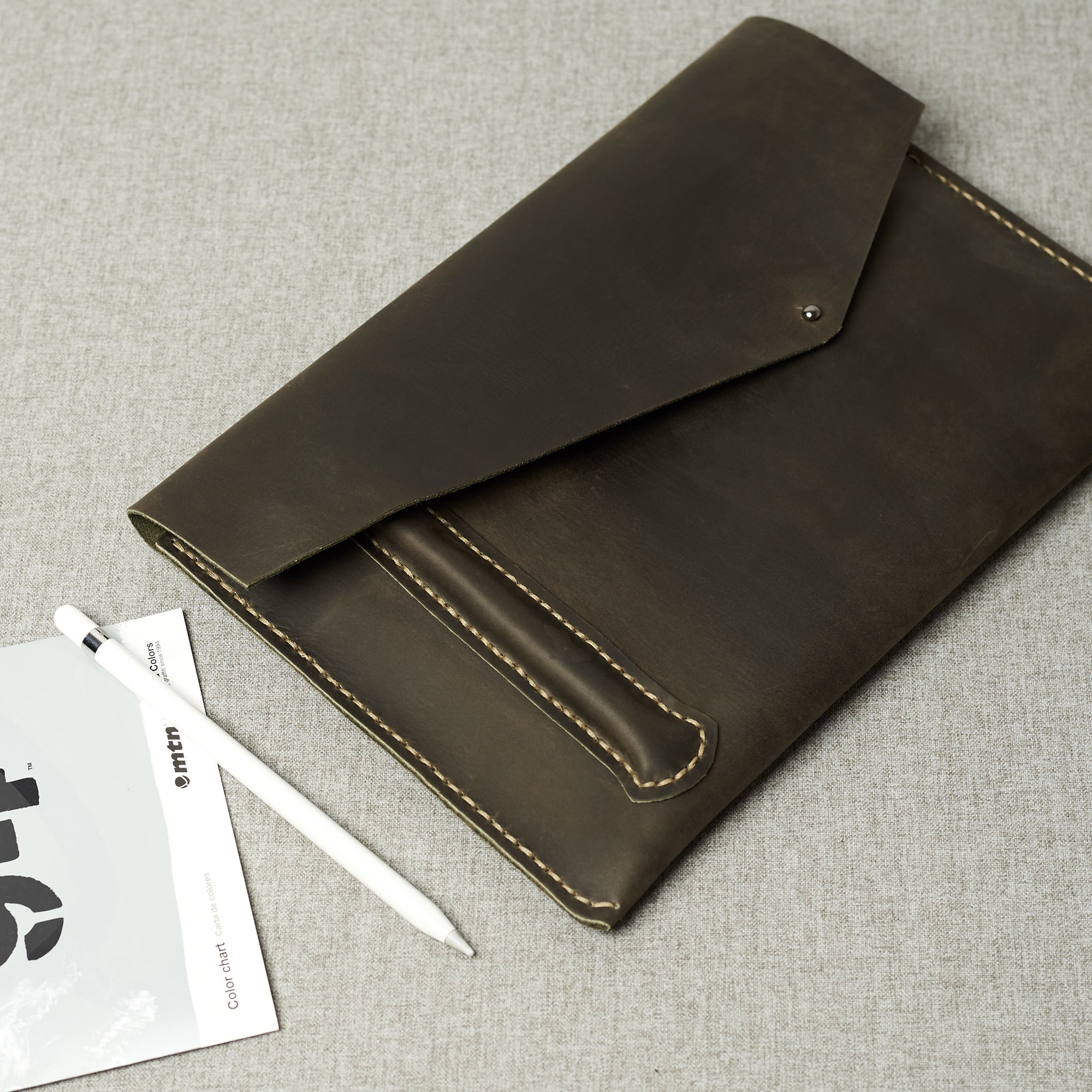 Office Style. iPad Sleeve. iPad Leather Case Brown With Apple Pencil Holder by Capra Leather