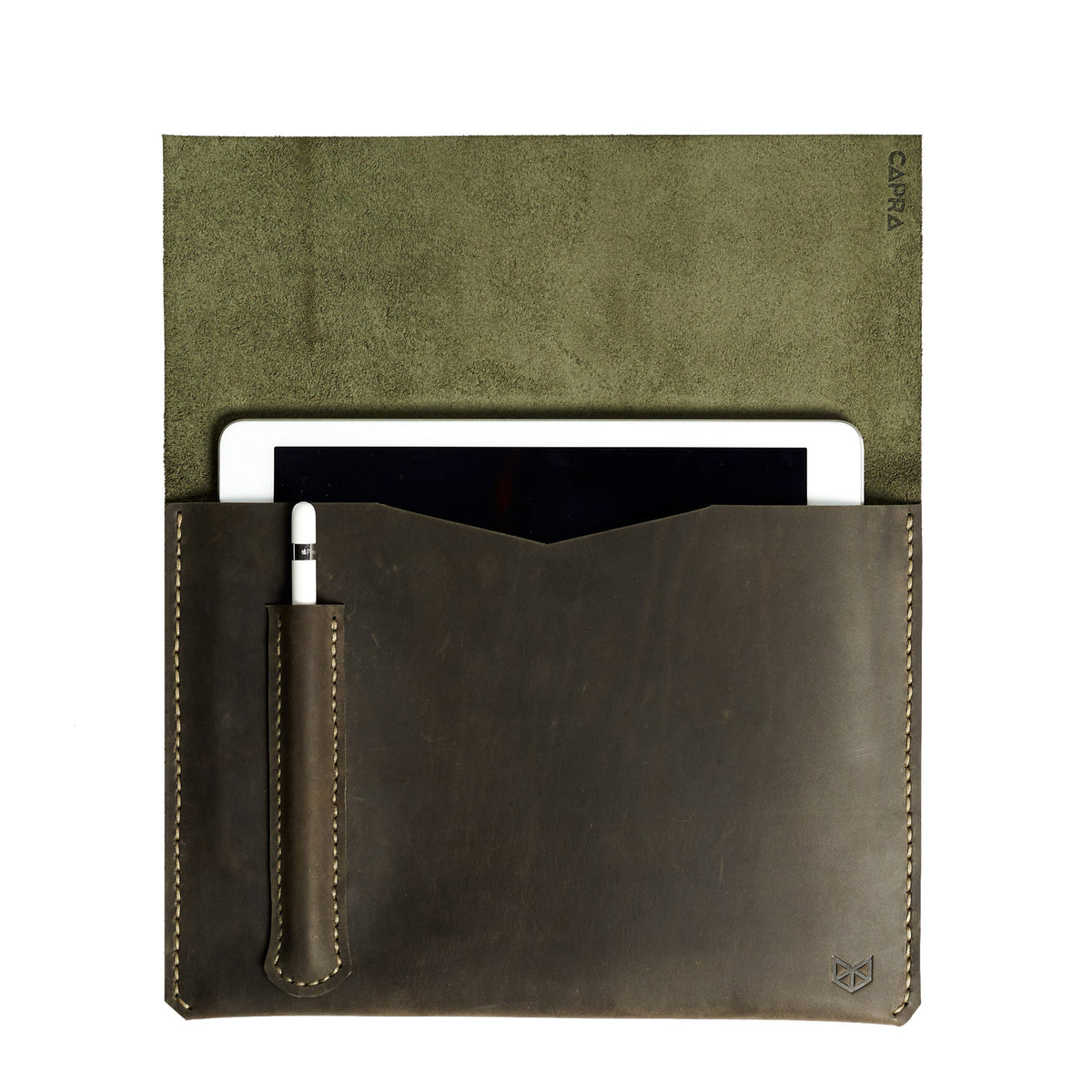Green iPad pro leather sleeve with apple pencil holder