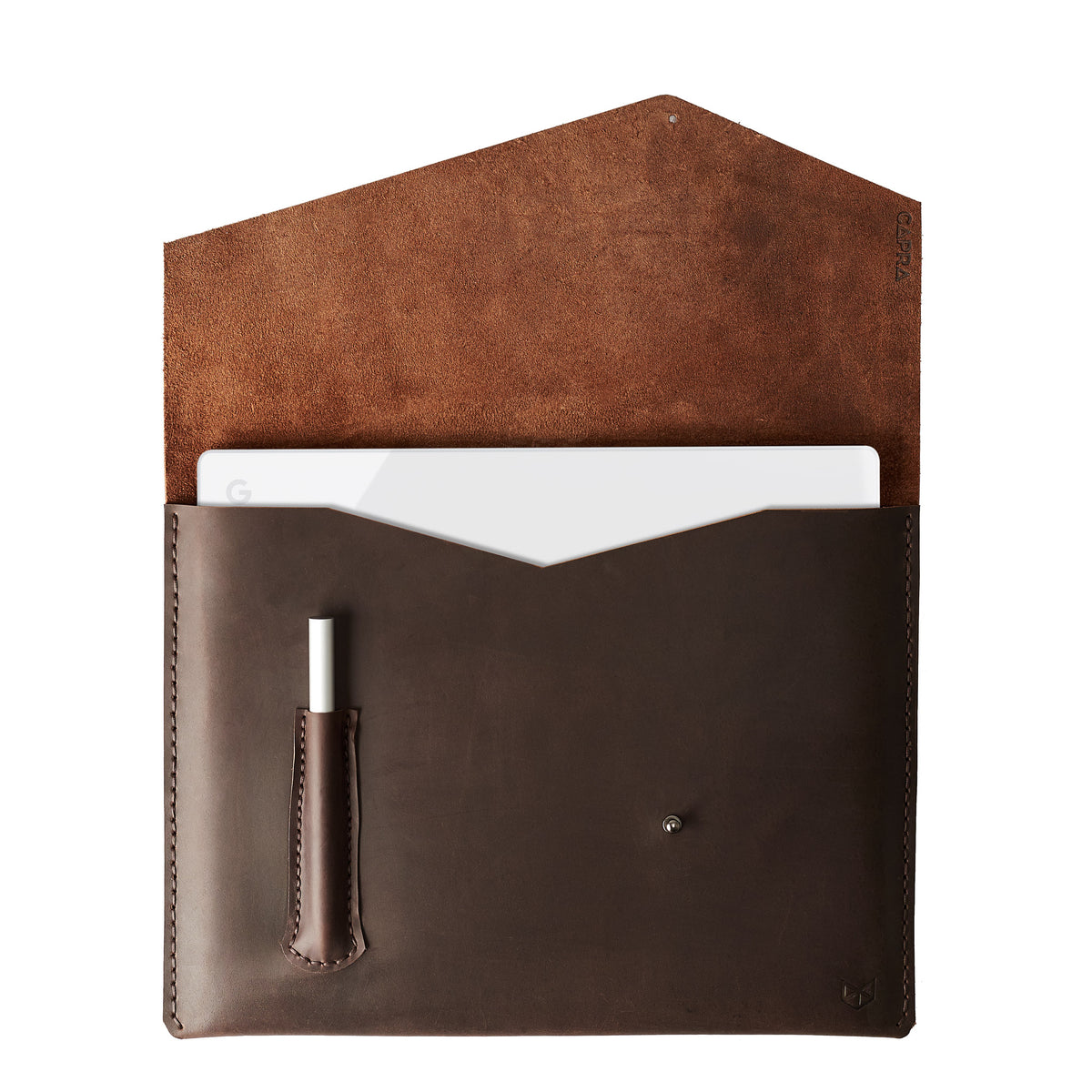Open. Brown leather Google Pixelbook. Mens handmade folio. Sleeve with google pen holder