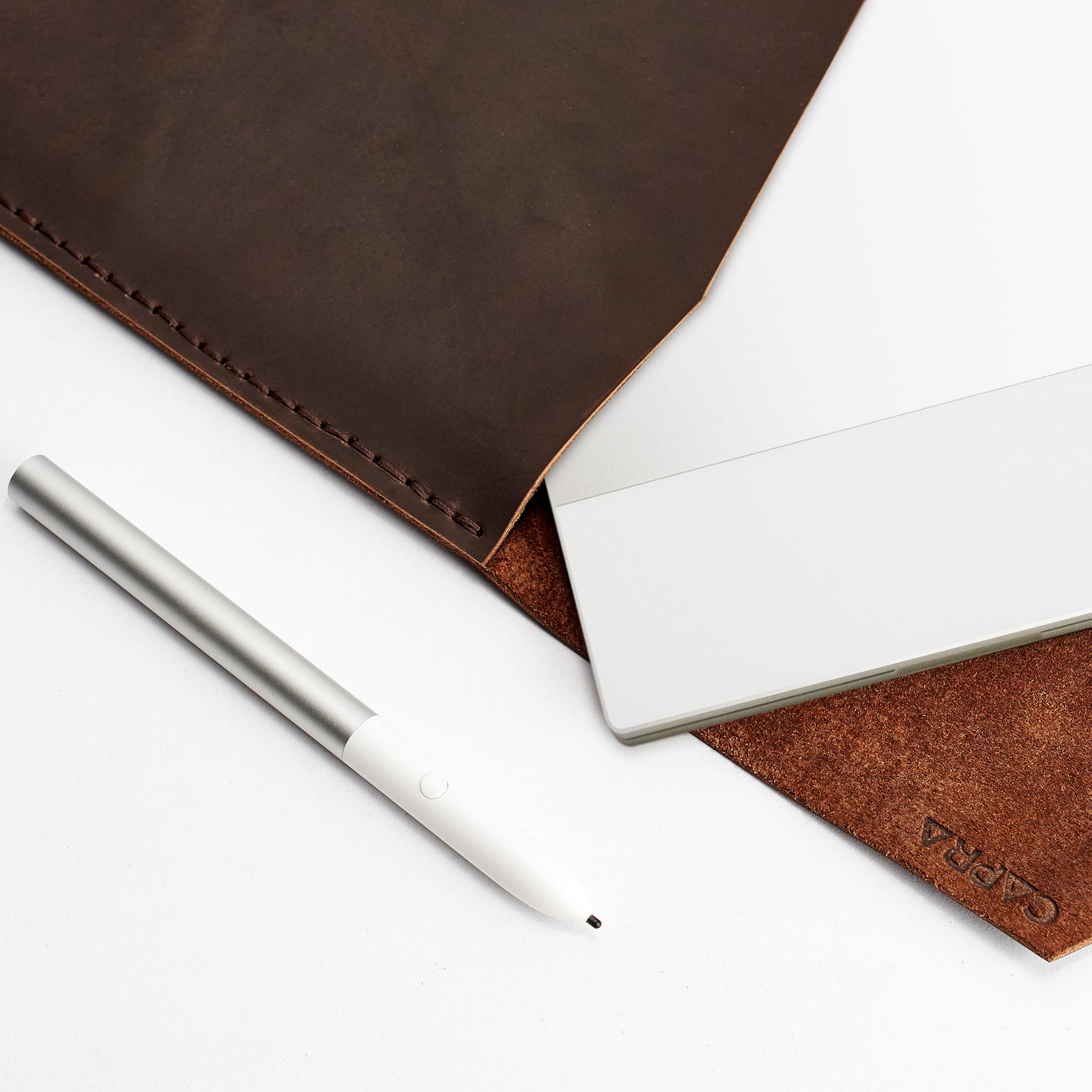 Style. Brown leather Google Pixelbook. Mens handmade folio. Sleeve with google pen holder