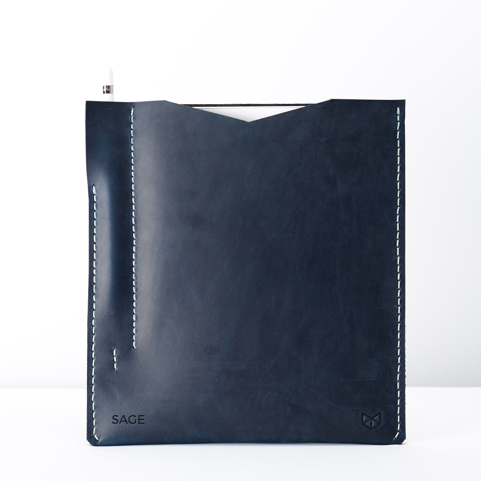 Personalized blue iPad pro sleeve with engraved initials. Monogram engraving. iPad pro leather case for men