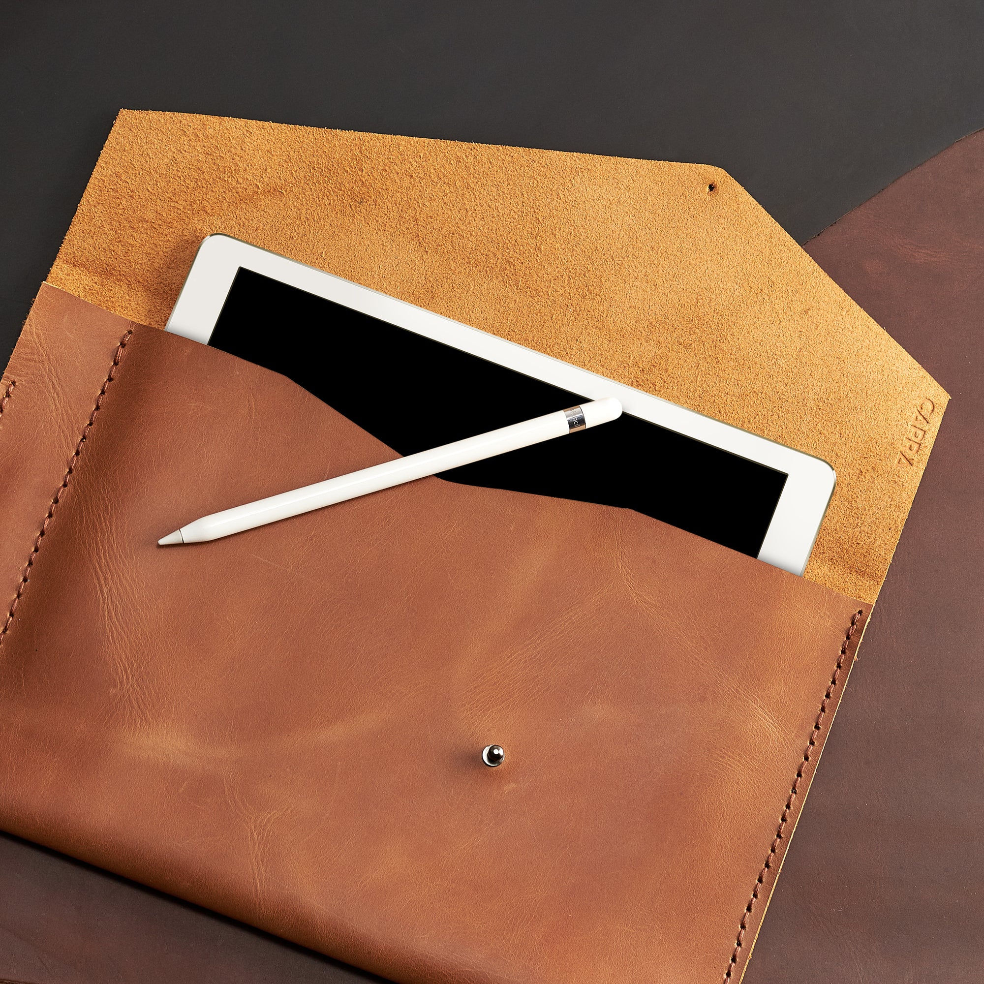 Soft Anti Scratch Interior. iPad Sleeve. iPad Leather Case Tan With Apple Pencil Holder by Capra Leather
