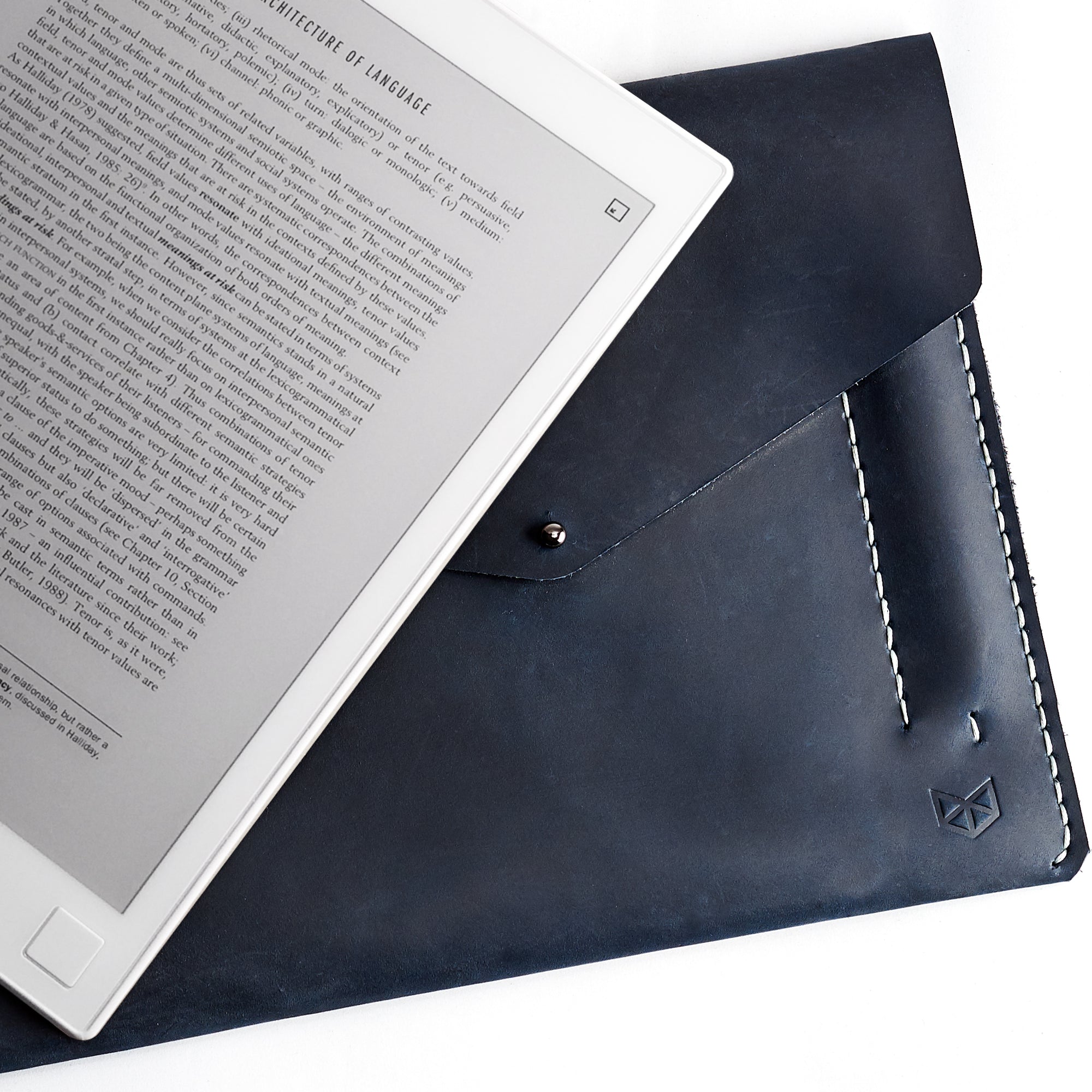 Unique Blue handcrafted leather reMarkable tablet case. Folio with Marker holder. Paper E-ink tablet minimalist sleeve design. 