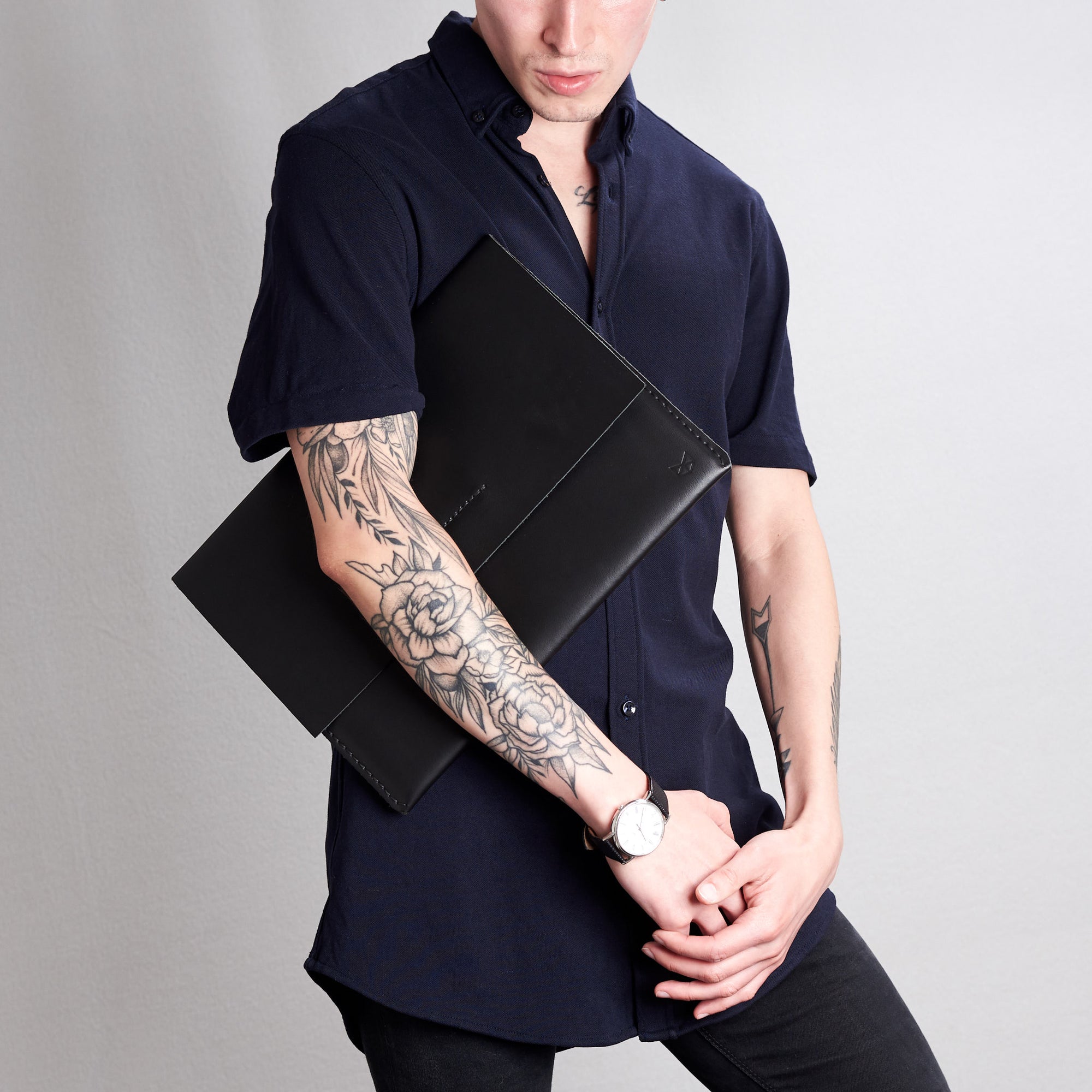 Style holding case by model. Black draftsman 1 case by Capra Leather. Google pixel book sleeve.