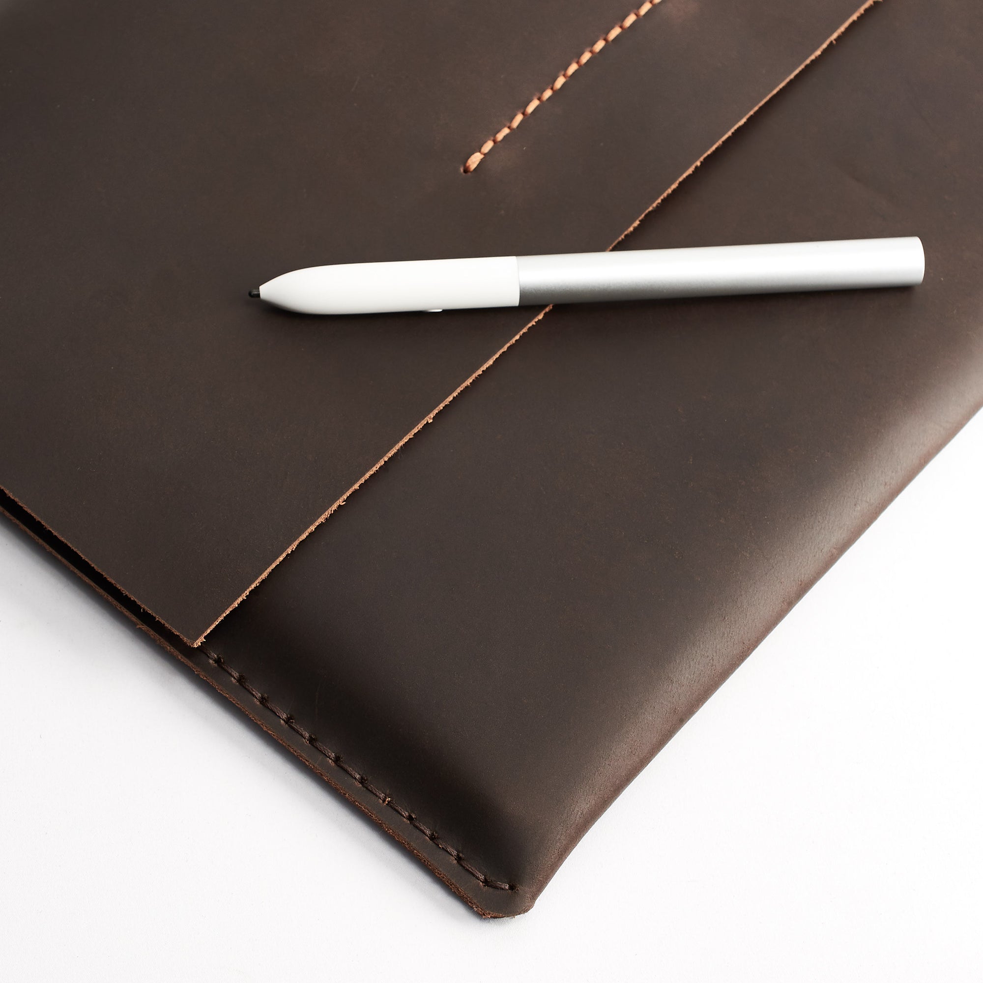 Close up. Leather Google Pixelbook Sleeve brown Case, Google laptop mens folio