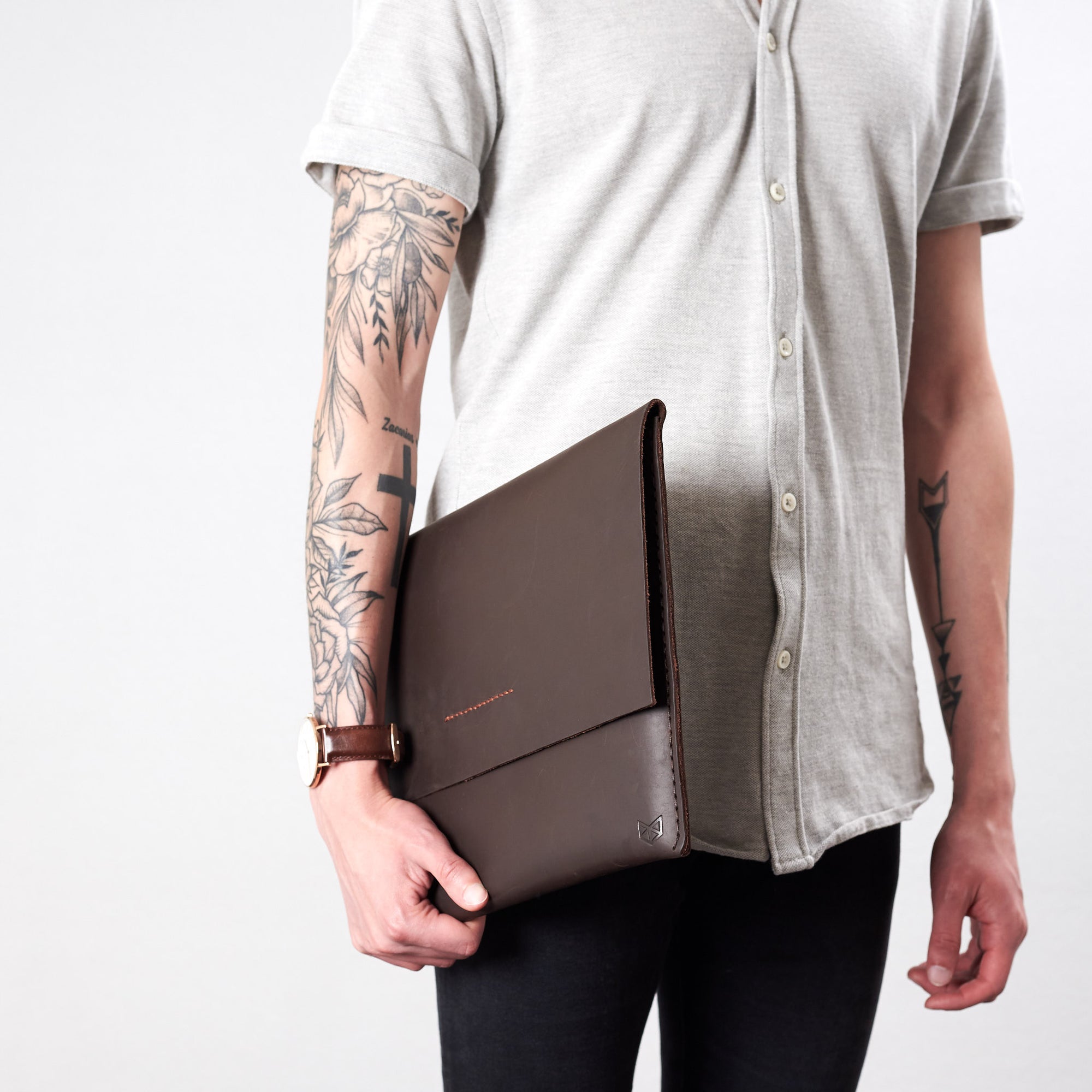 Style front view. Marron draftsman 1 case by Capra Leather. ZenBook sleeve.