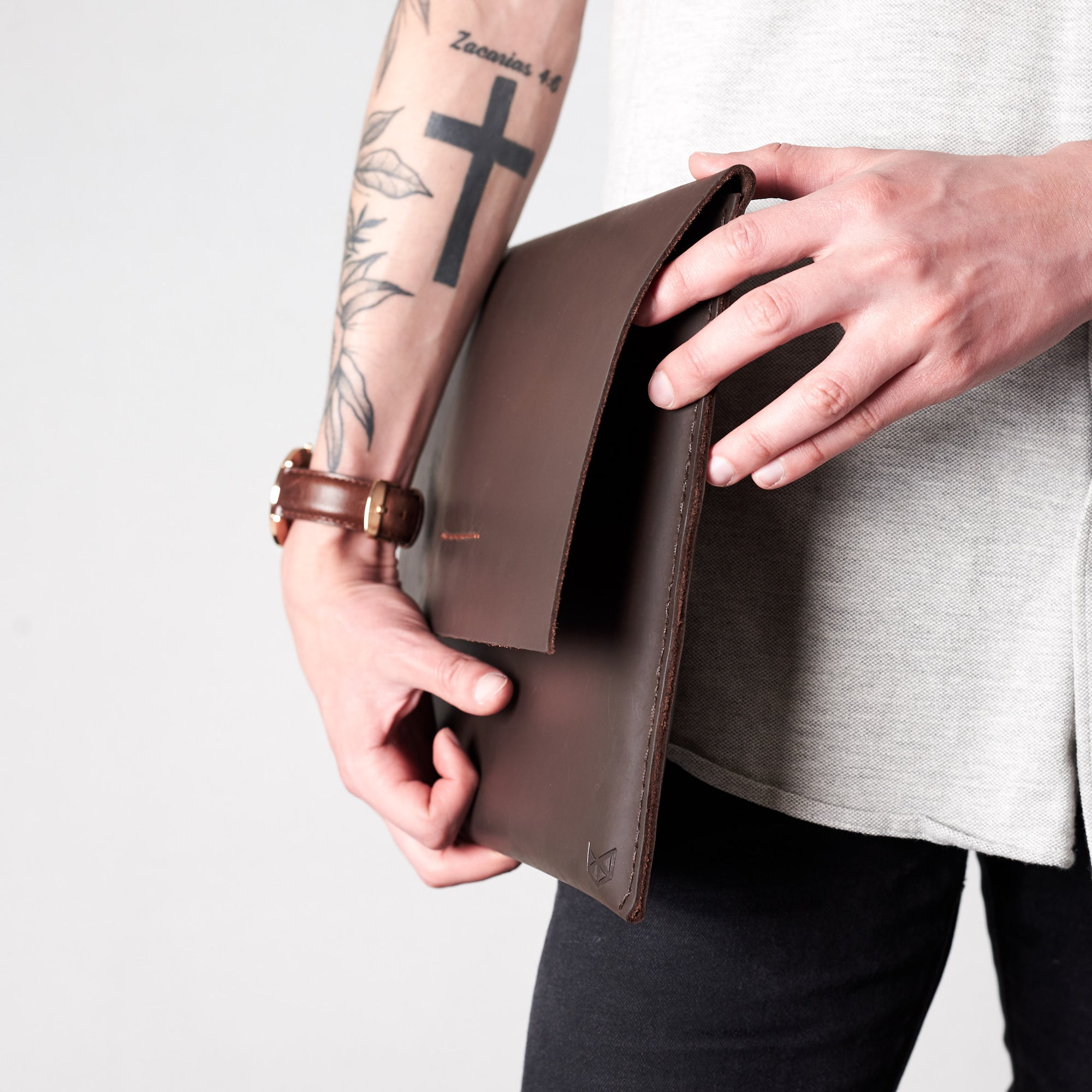 Style holding case by side. Marron draftsman 1 case by Capra Leather. ZenBook sleeve.