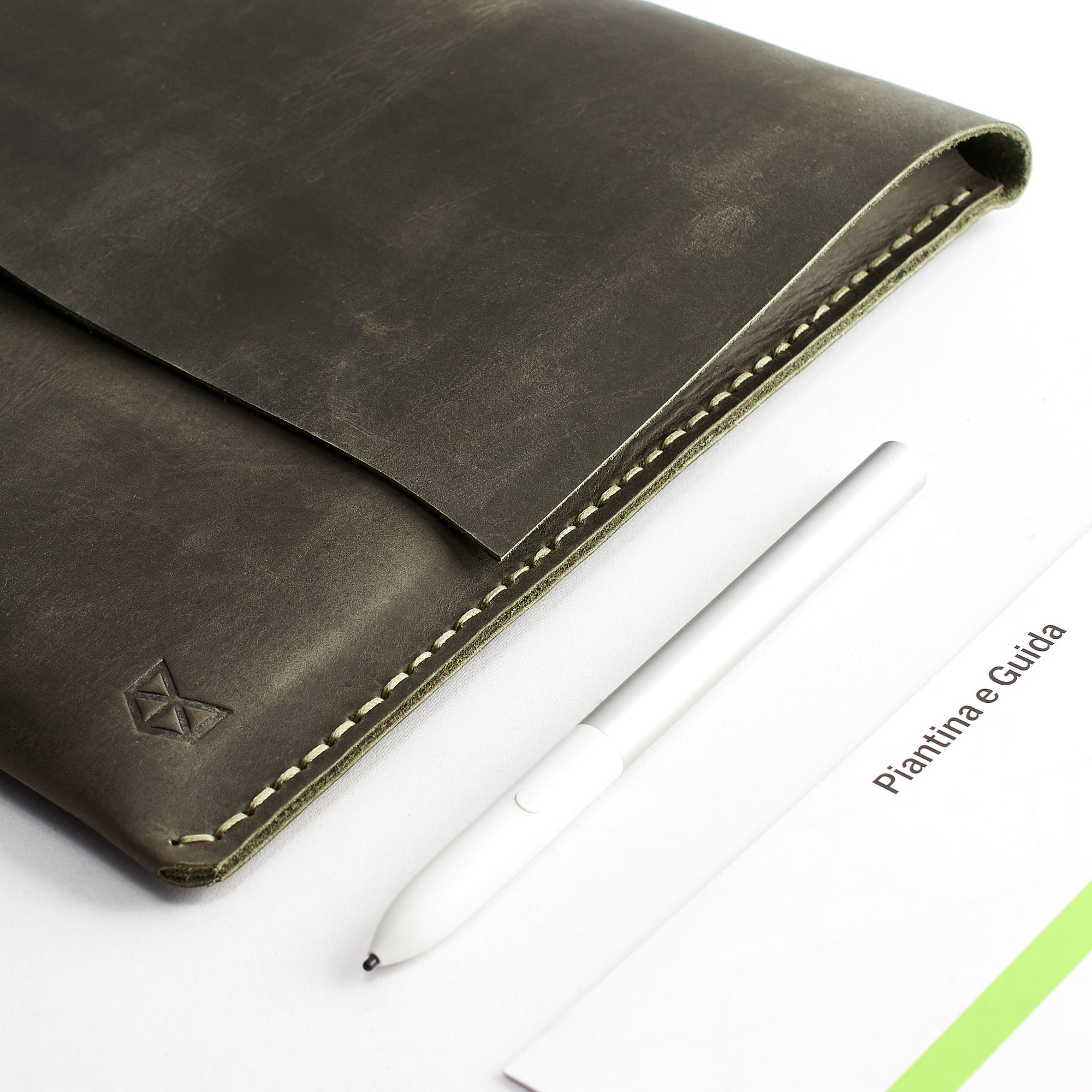 Style. Green Pixelbook Chromebook leather sleeve with  pencil holder