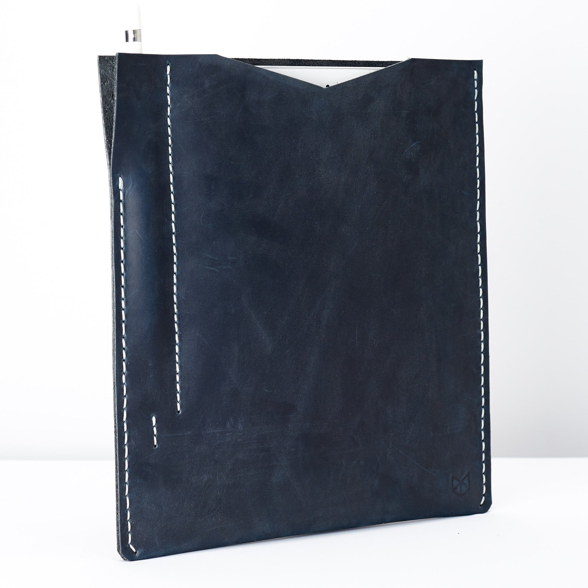 Side from the slim iPad pro sleeve. Blue iPad pro leather sleeve with apple pencil holder 