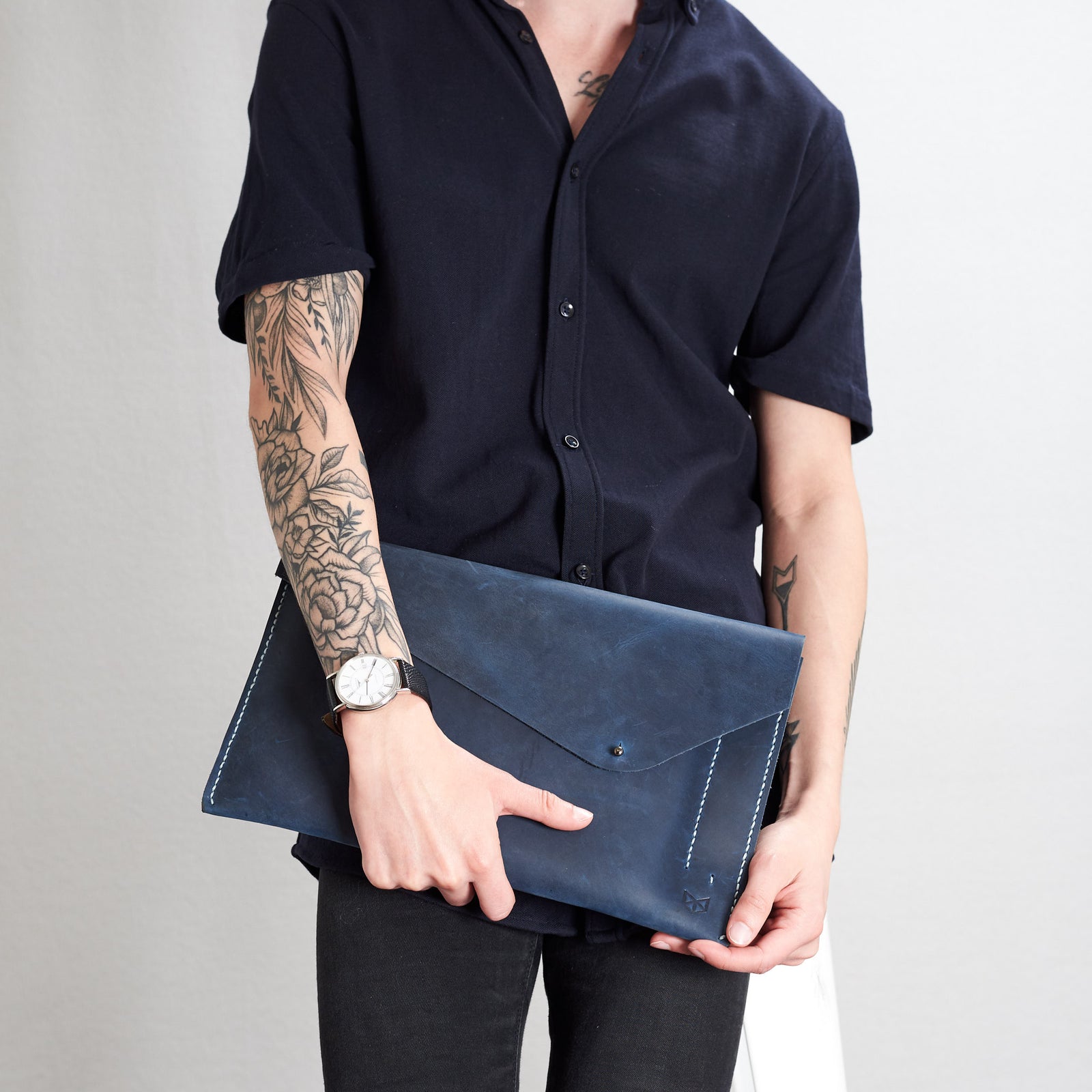 Style Front View. iPad Sleeve. iPad Leather Case Navy With Apple Pencil Holder by Capra Leather