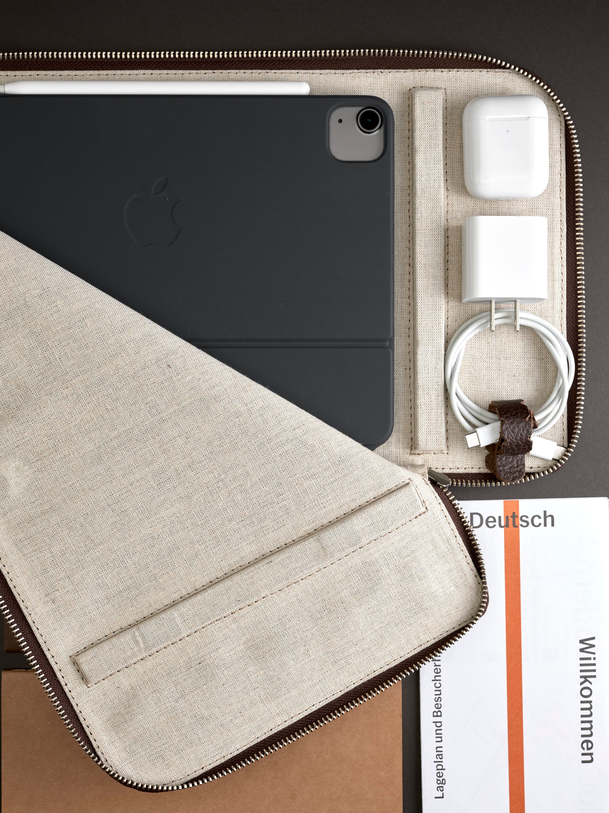 Linen interior. Draftsman 6 iPad Case Dark Brown, iPad Pro 11-inch, iPad Pro 12.9-inch, M1 Chip by Capra Leather