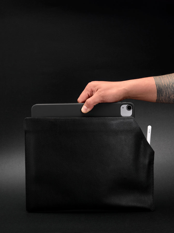 Front view. Draftsman 7 iPad Sleeve Cover Black, iPad Pro 11-inch, iPad Pro 12.9-inch, M1 Chip by Capra Leather