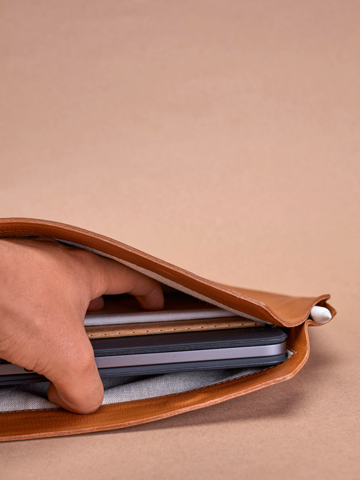 Linen interior. Draftsman 7 iPad Sleeve Cover Tan, iPad Pro 11-inch, iPad Pro 12.9-inch, M1 Chip by Capra Leather