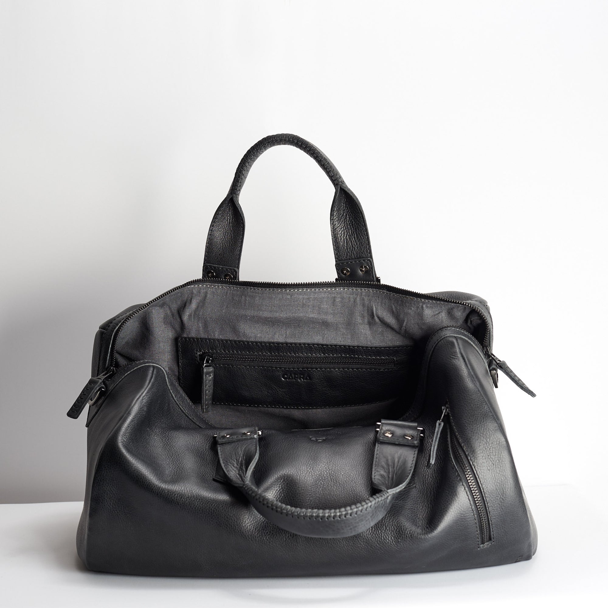 Linen interior. Black leather work out bag for men. Designer weekender travel bag 