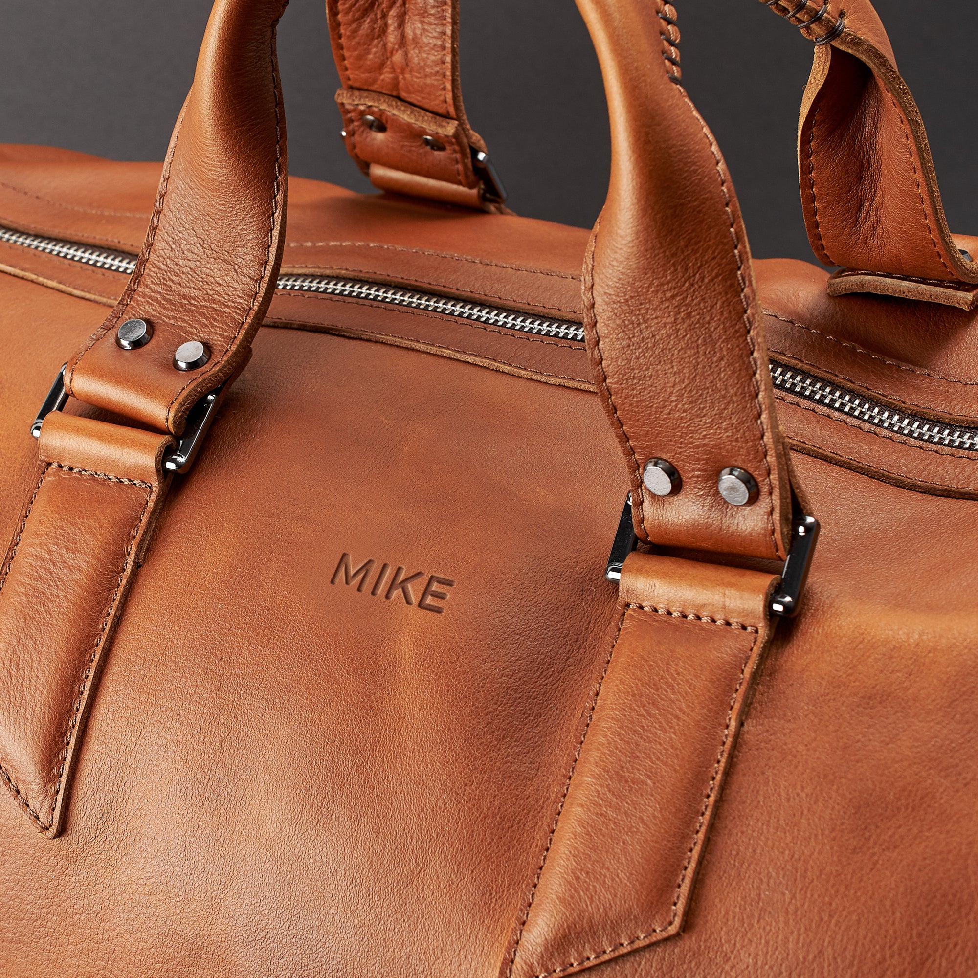 Custom monogram. Handmade Tan brown leather duffle bag for men. Mens designer shoulder bag