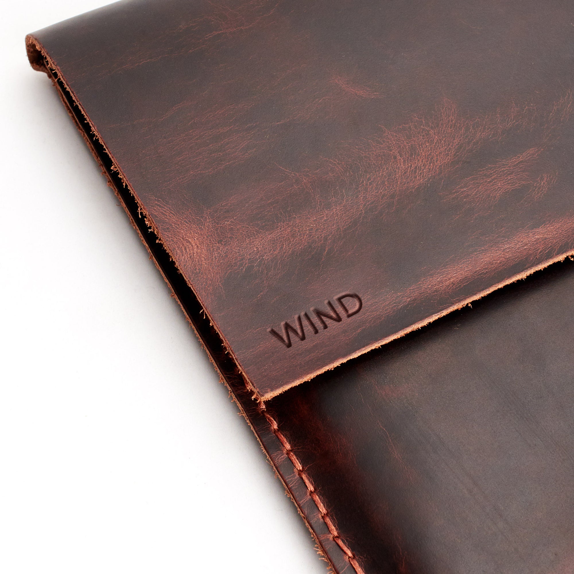 Custom monogram. Red brown  leather Macbook pro touch bar sleeve. Designer unique mens cases.