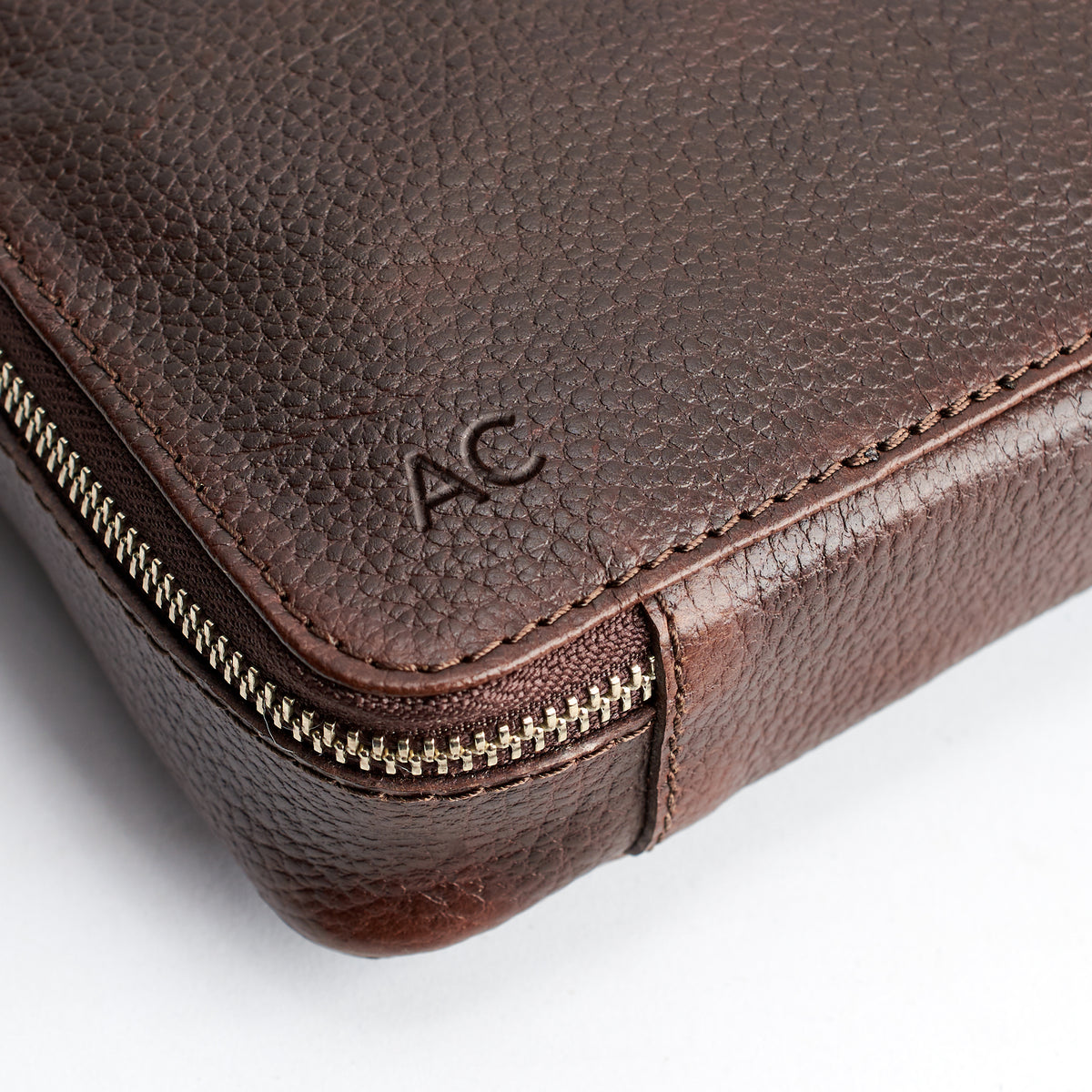 Custom monogram. Dark brown tech organizer leather by Capra