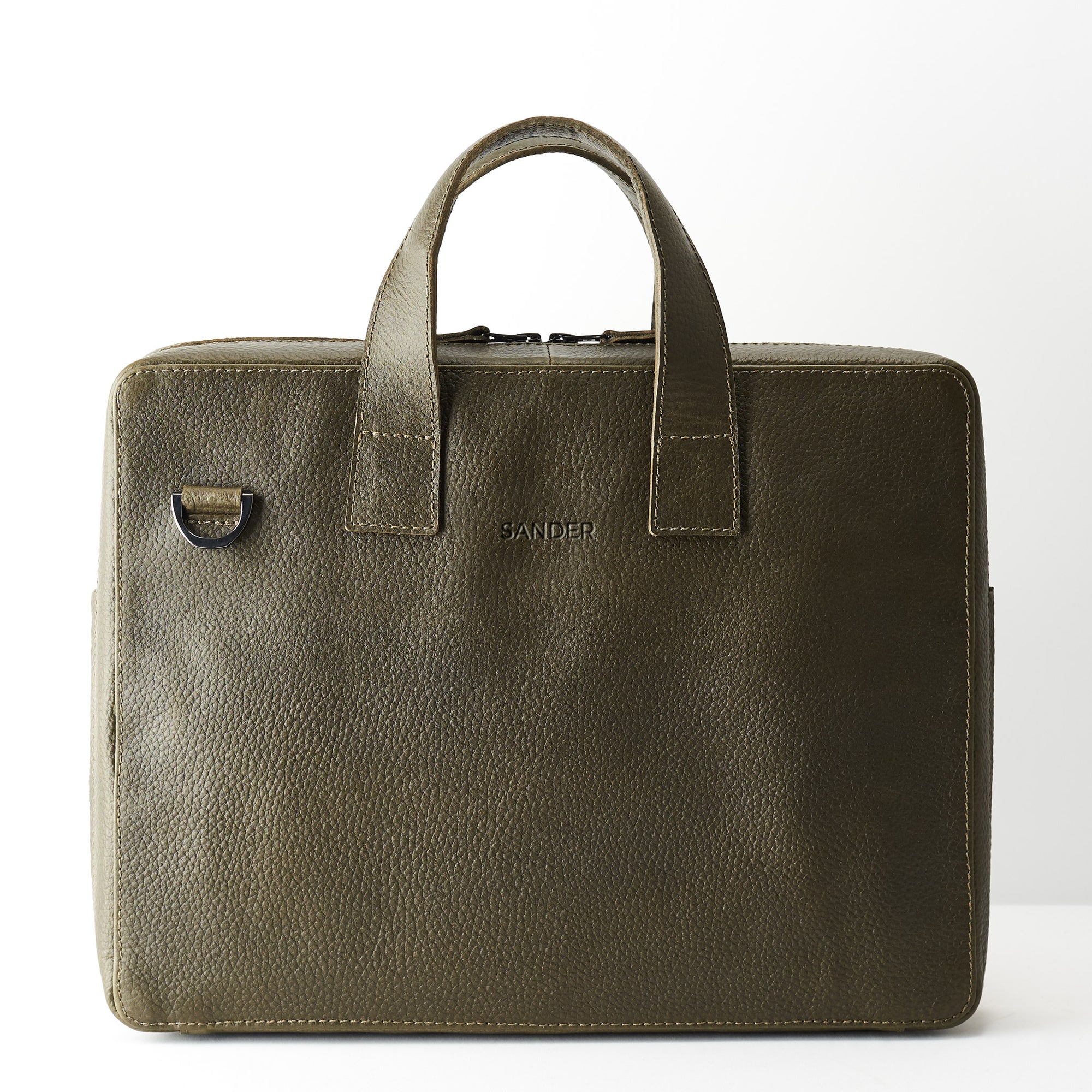 Custom monogram. Green leather briefcase for men. Office style mens workbag