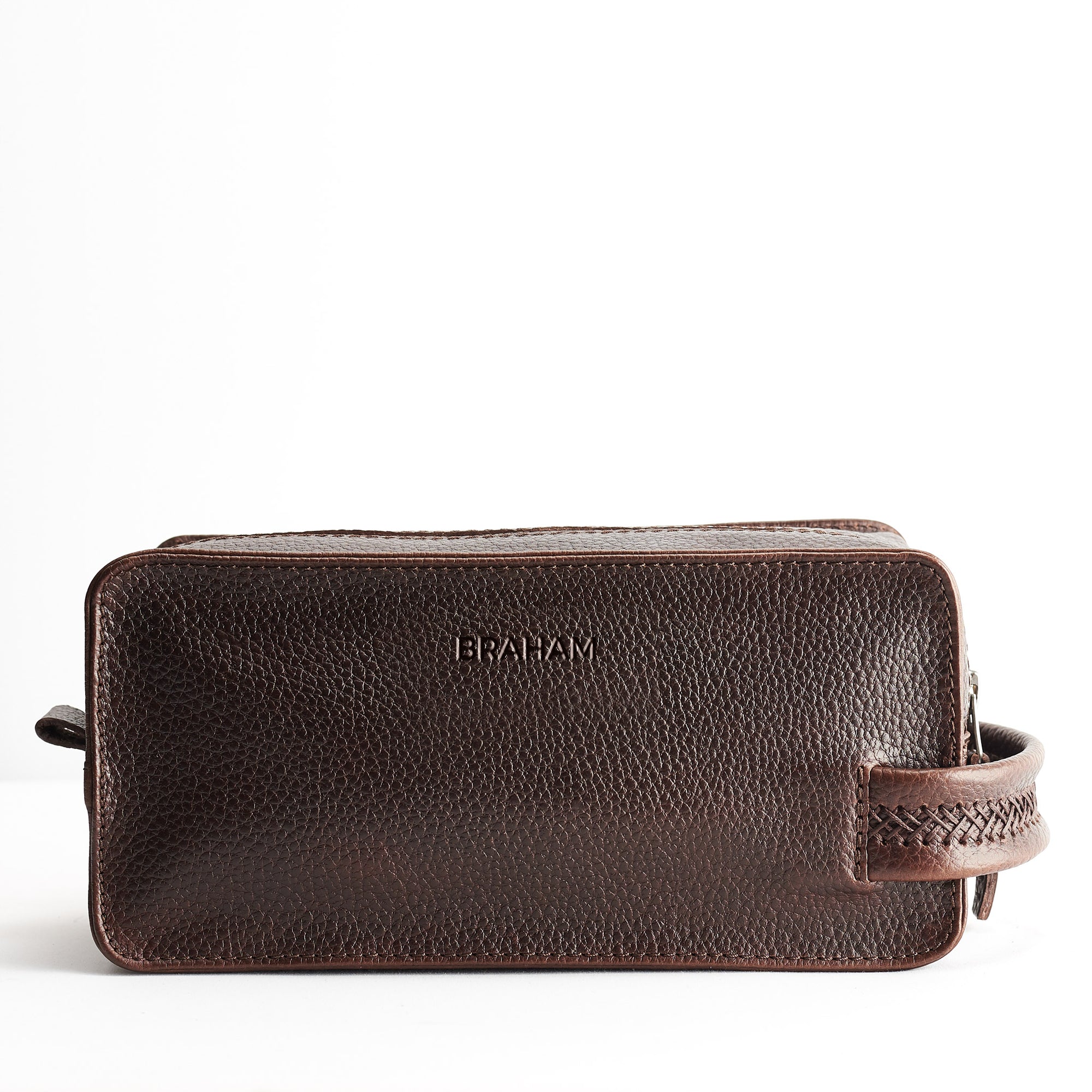 Custom engraving. Dark Brown leather toiletry, shaving bag with hand stitched handle. Groomsmen gifts