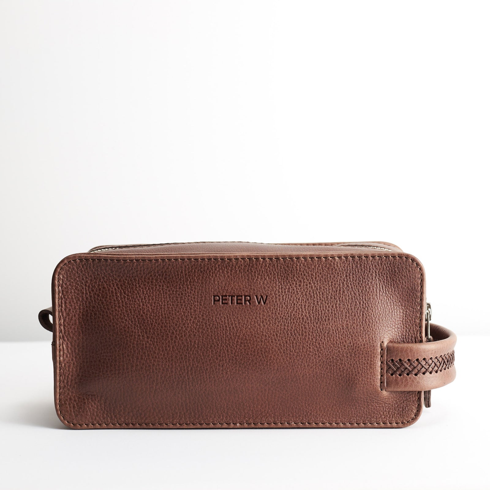 Custom Initials engraving. Brown leather waterproof toiletry bag for travelers. Handmade mens travel dopp kit