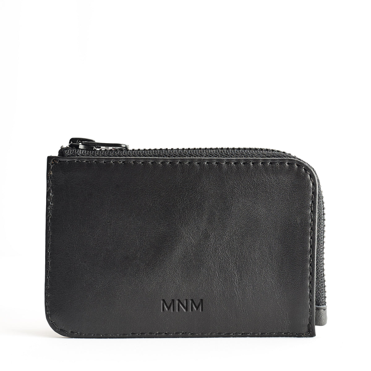 Custom monogram. Personalized black slim zip credit card holder, business card pouch, bills / coins minimalist pocket wallet, mens gift.