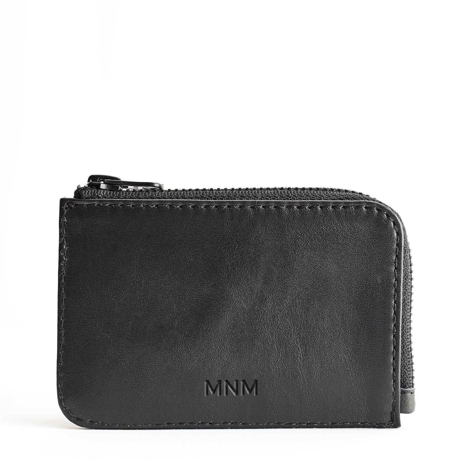 Custom monogram. Personalized black slim zip credit card holder, business card pouch, bills / coins minimalist pocket wallet, mens gift.