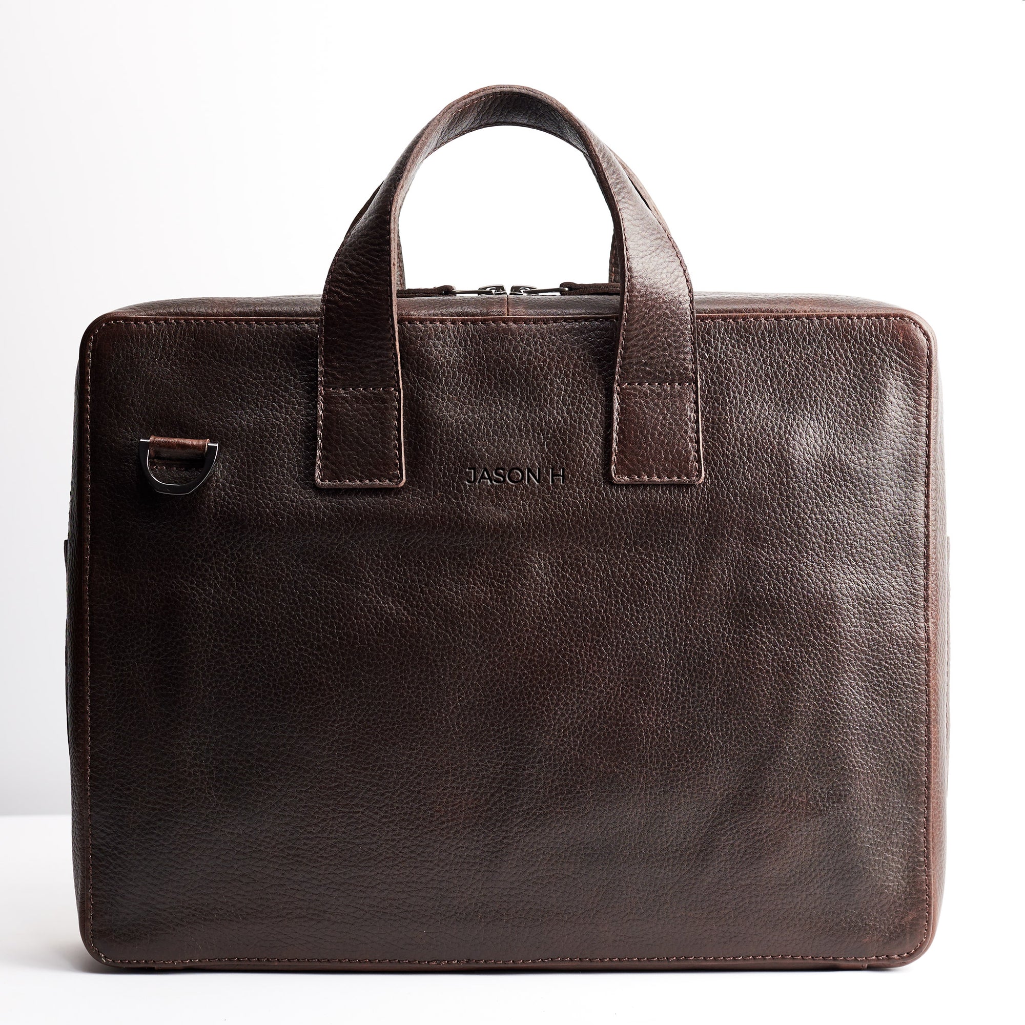 Personalized custom engraving detail. Dark brown leather soft briefcase for men. Handmade workbag