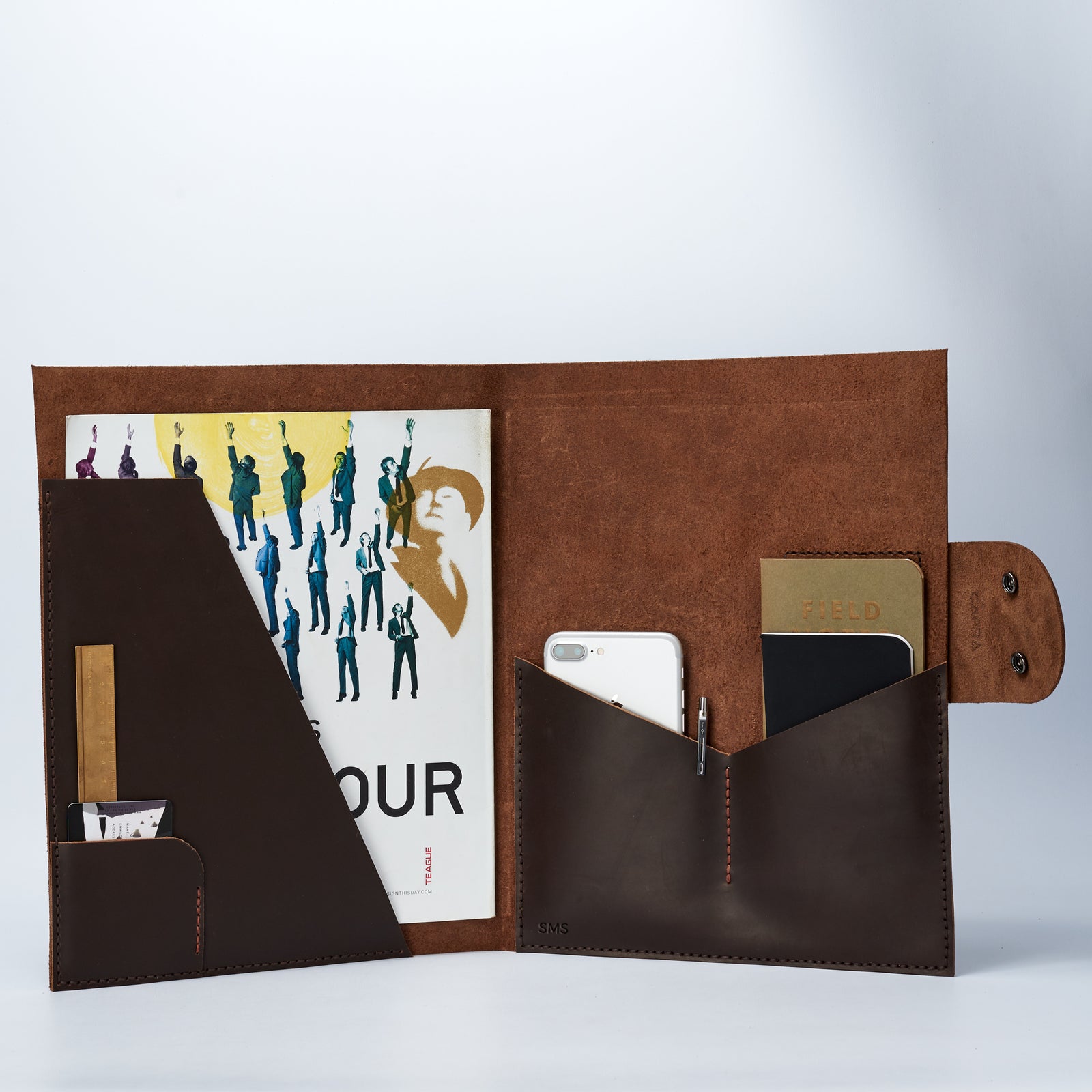 Marron Document Portfolio with Pockets for iPhone, A4 & Letter Papers Men Leather Legal Pad, Mens Gift.