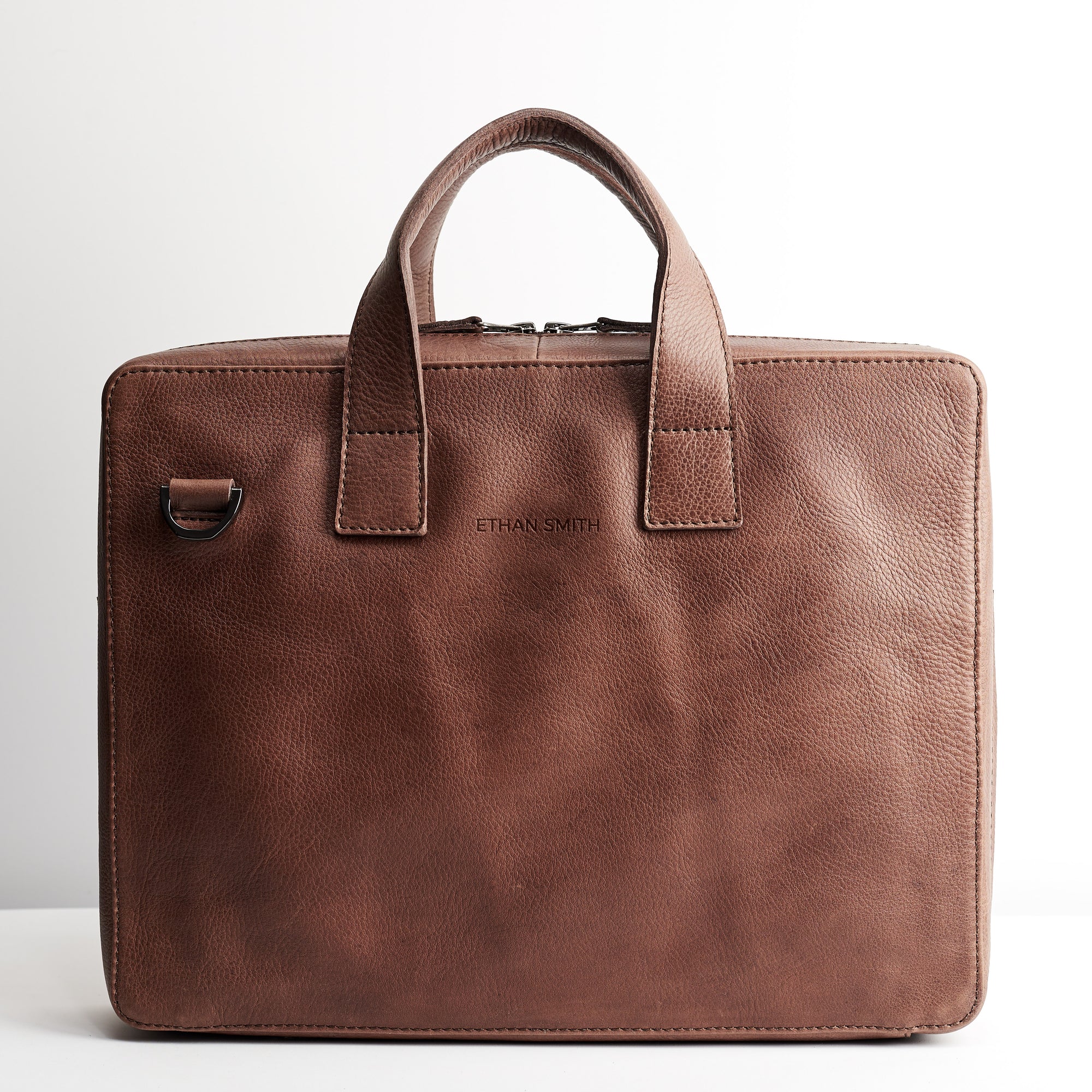 Personalized custom engraving detail. Brown leather soft briefcase for men. Handmade workbag
