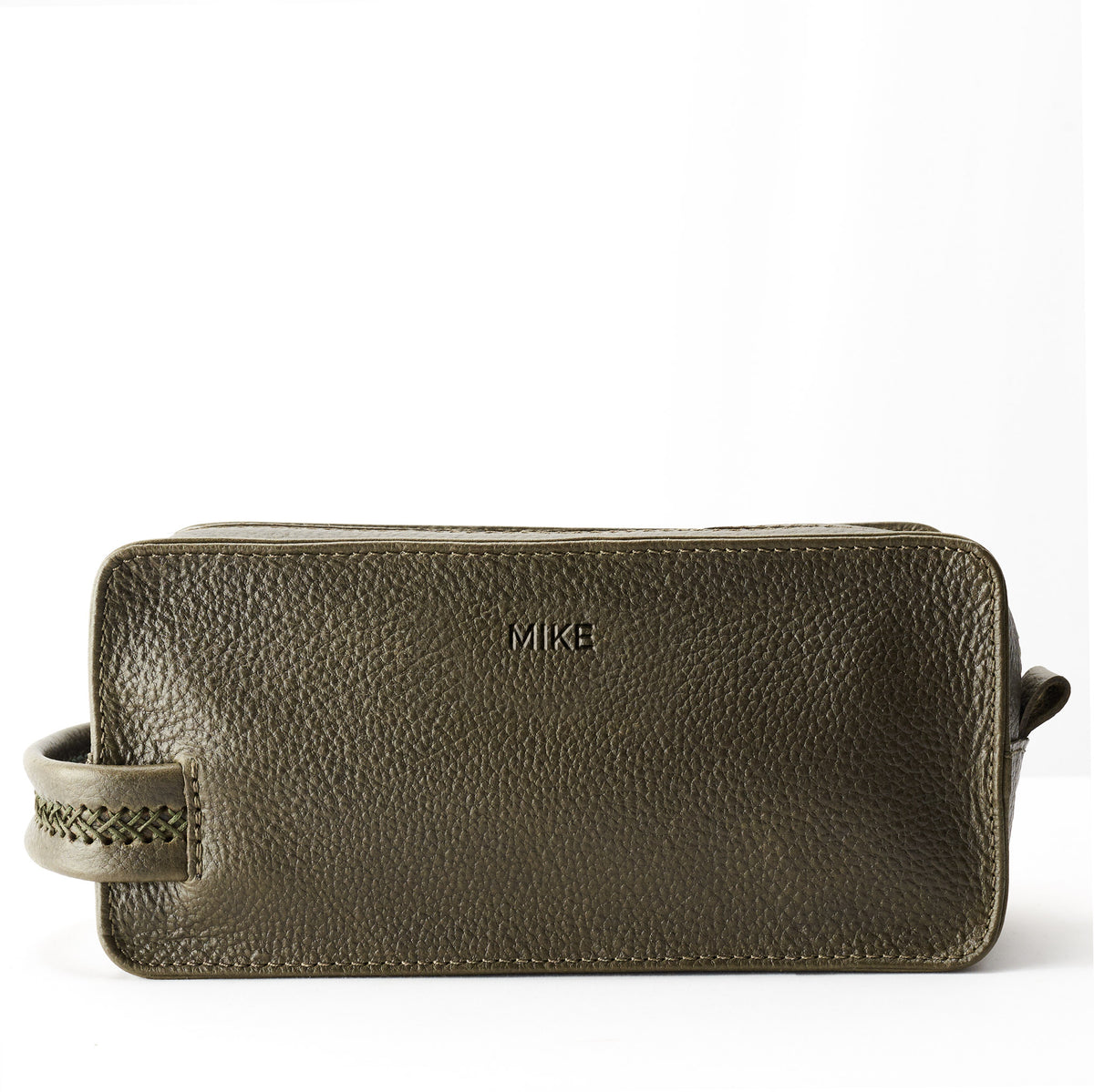 Custom engraving. Green leather toiletry, shaving bag with hand stitched handle. Groomsmen gifts