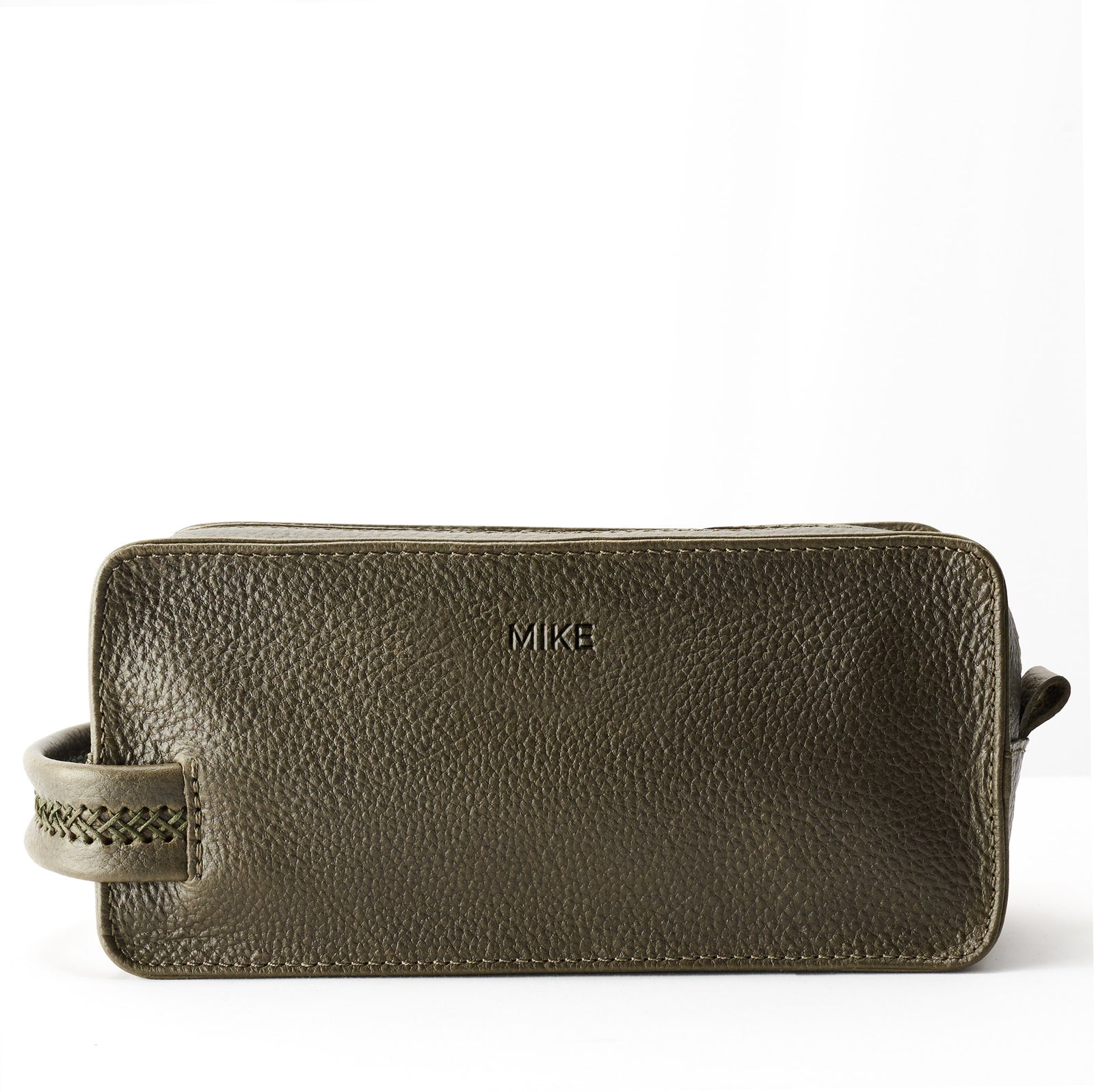 Custom engraving. Green leather toiletry, shaving bag with hand stitched handle. Groomsmen gifts